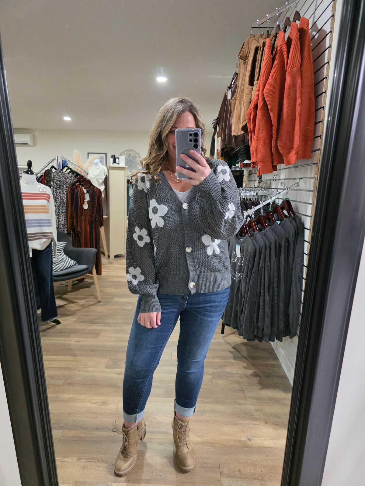 CHARCOAL OPEN KNIT BUTTON CARDIGAN WITH FLORAL DETAIL