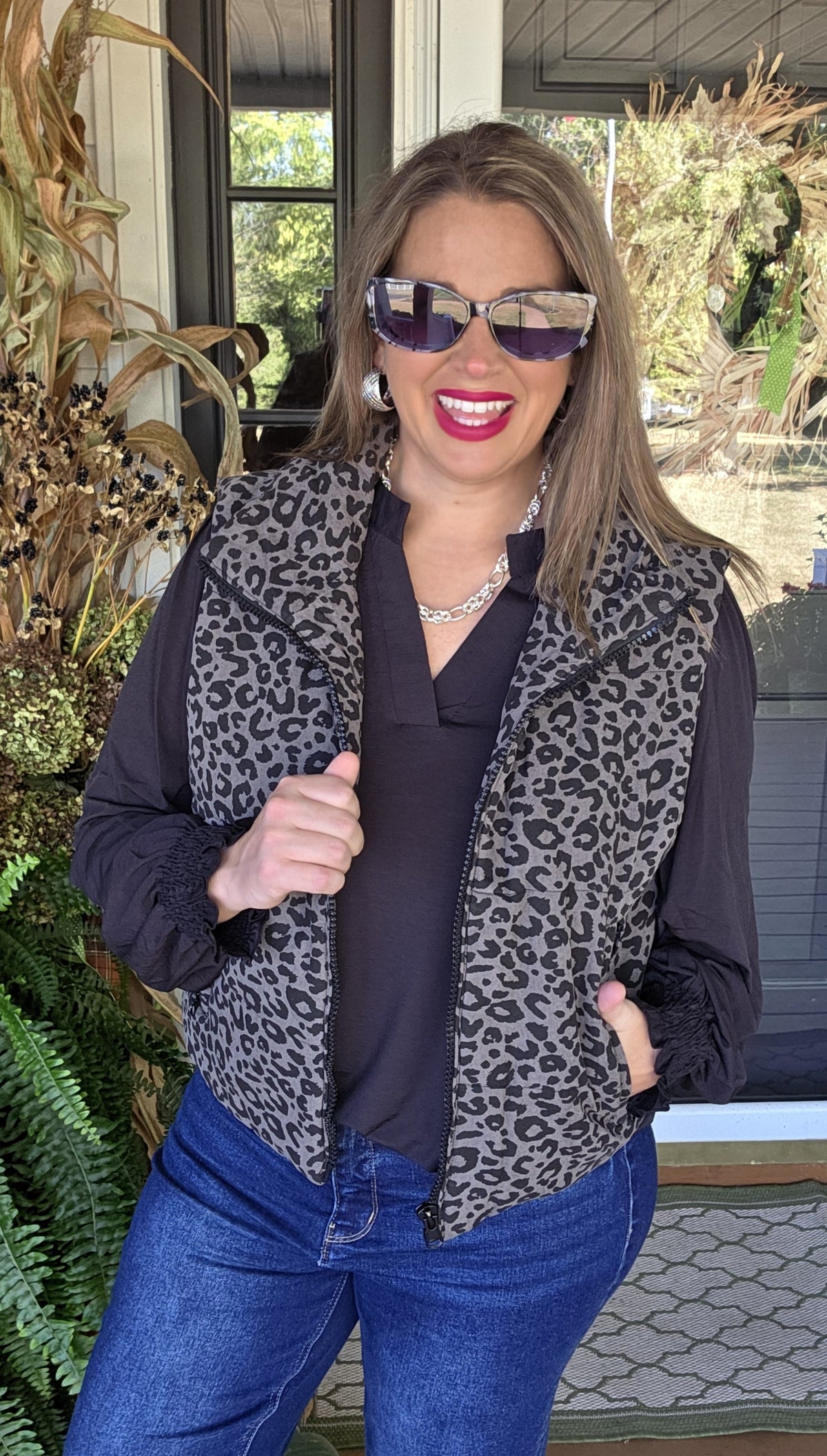 CHARCOAL/BLACK LEOPARD PUFF VEST