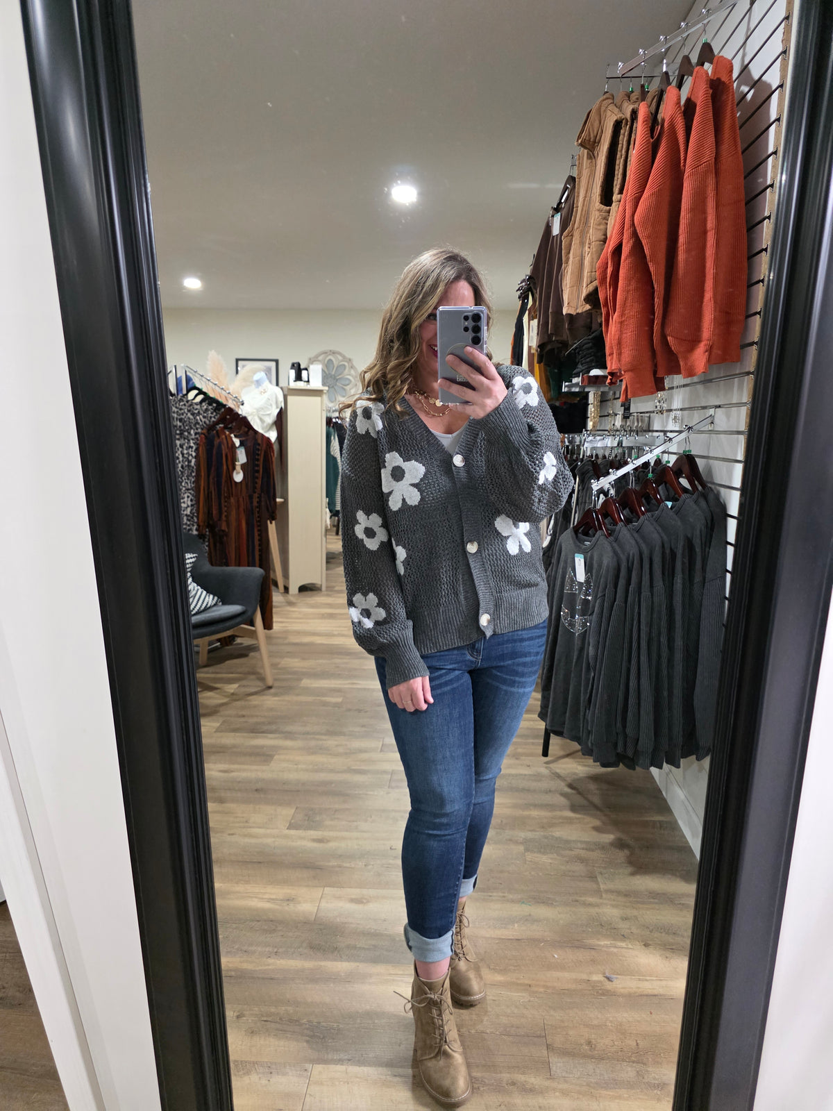 CHARCOAL OPEN KNIT BUTTON CARDIGAN WITH FLORAL DETAIL