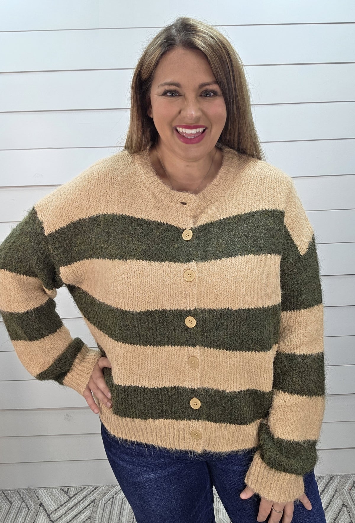 SAND/OLIVE WIDE STRIPED FUZZY BUTTON CARDIGAN