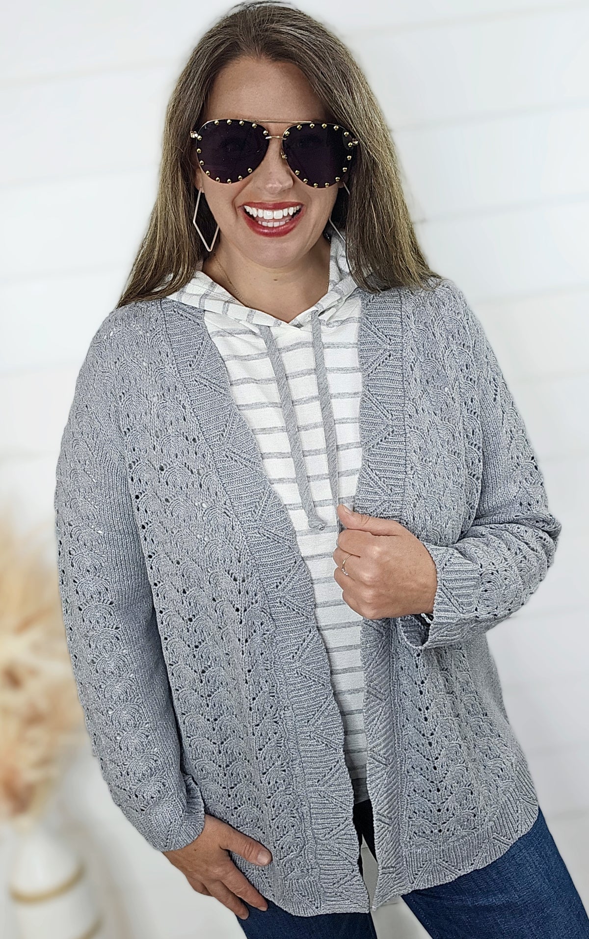 SOUTHERN LADY GREY OPEN WEAVE CARDIGAN