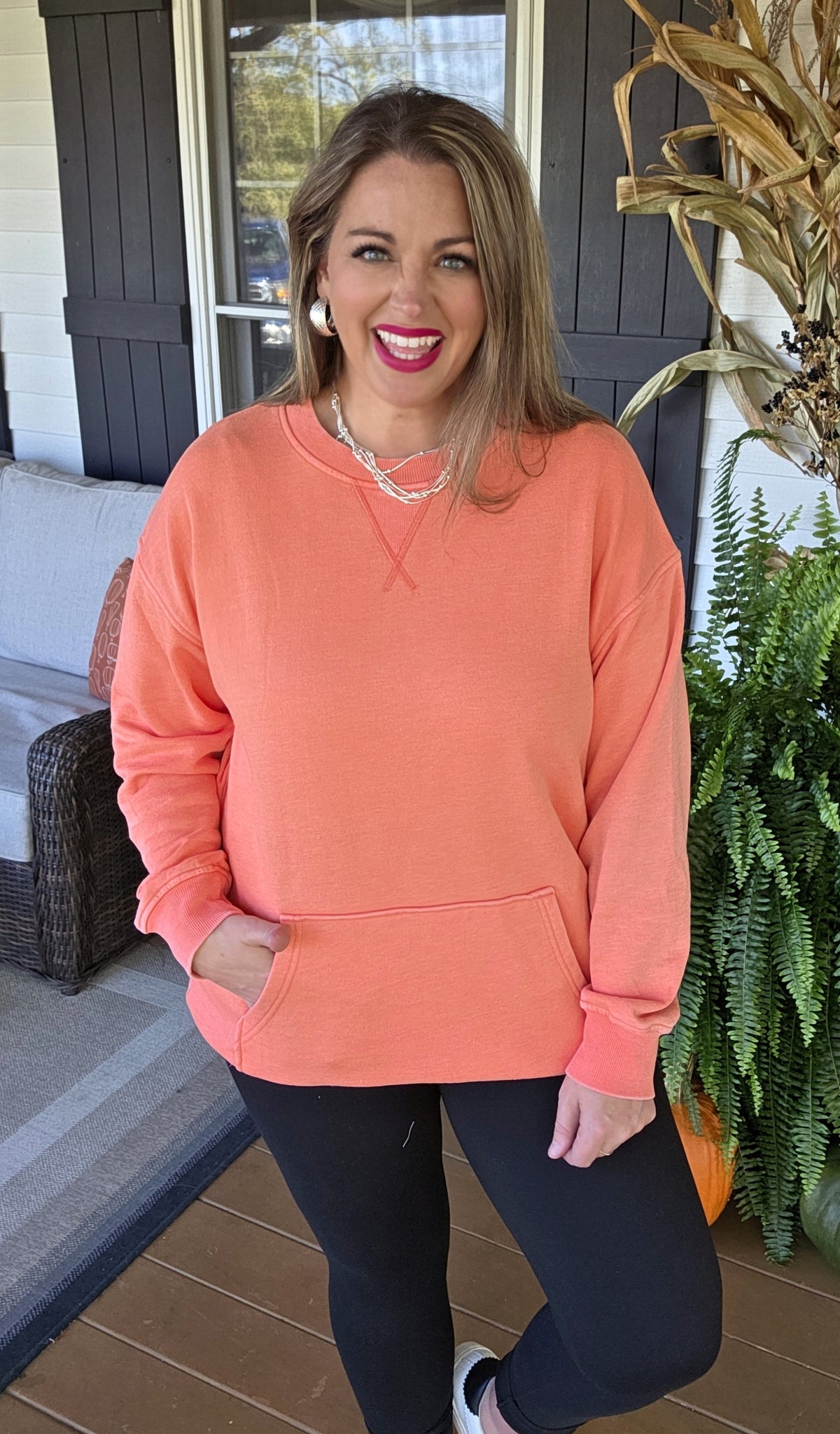 HOT CORAL MINERAL WASH PULLOVER W/ KANGAROO POCKET