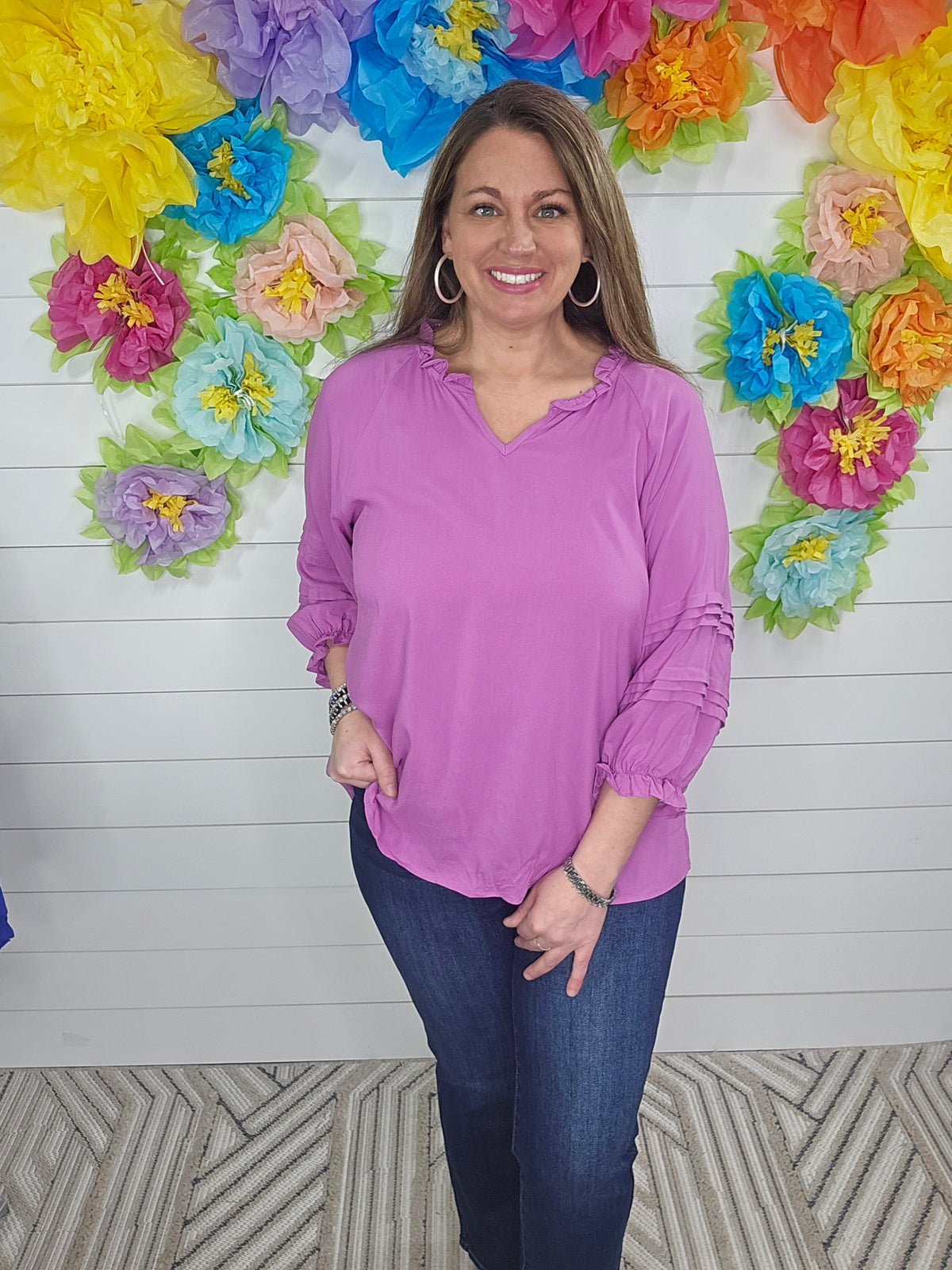 ORCHID WOVEN TOP W/ RUFFLE NECKLINE AND PLEATED SLEEVES