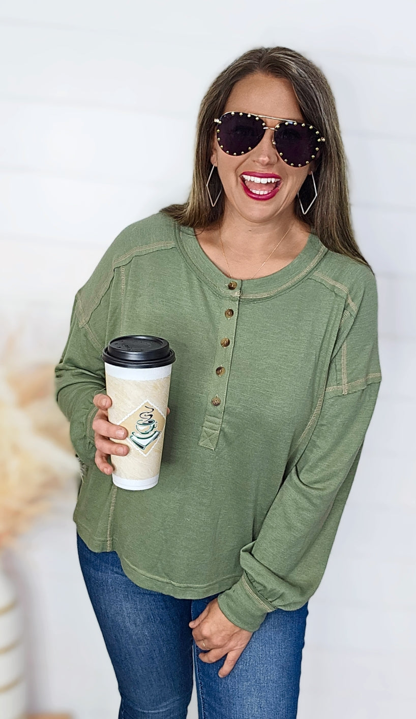 OLIVE HENLEY CONTRAST STITCH TOP