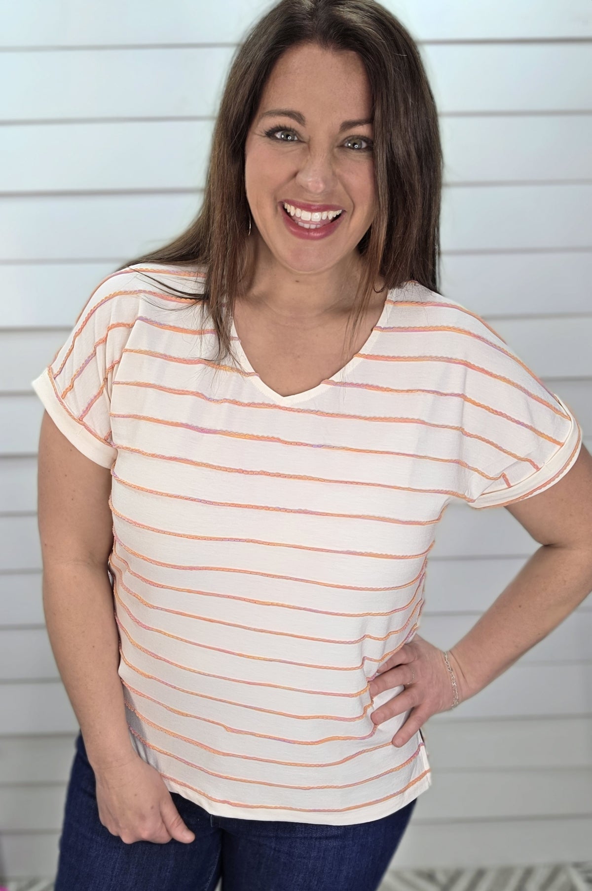 CREAM V NECK KNIT TOP W/ MULTI COLOR THREAD DETAIL