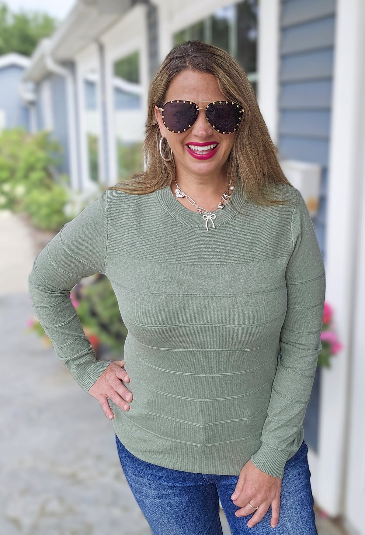 DARK SAGE PINTUCKED SUPER SOFT LIGHT WEIGHT SWEATER