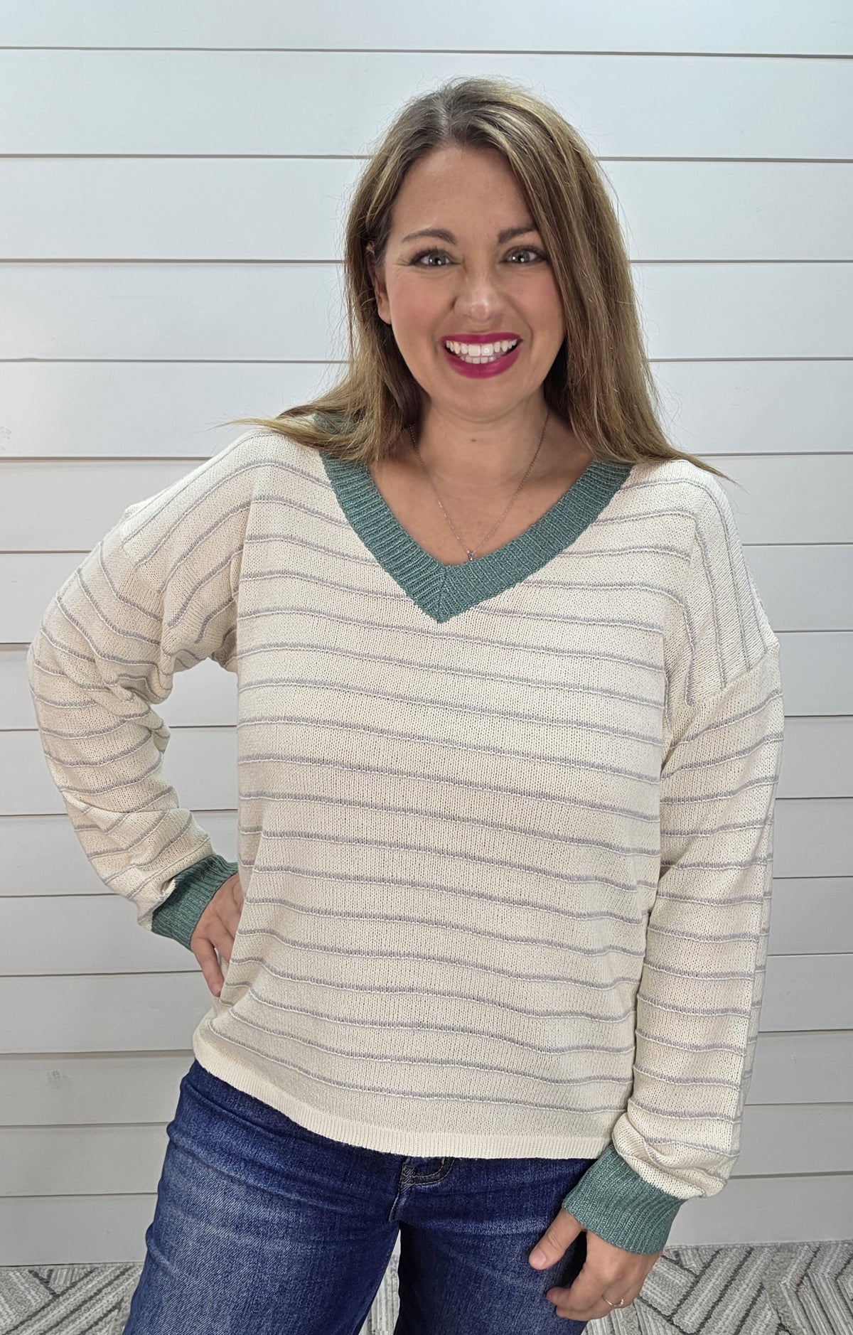 IVORY/JADE Color Accent Rib Band, Long Sleeve, Striped V Neck LIGHT WEIGHT SWEATER