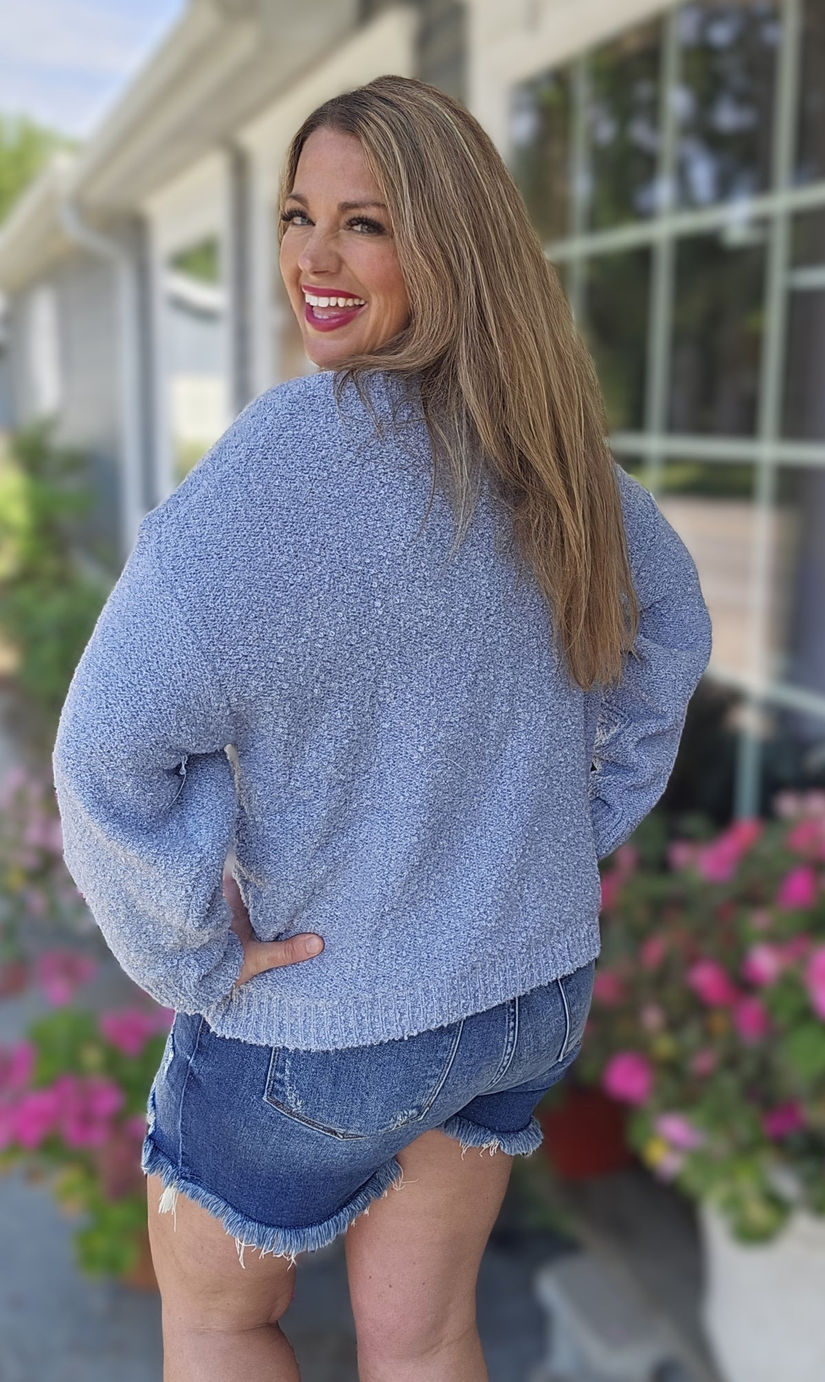 BLUE LARGE FLORAL KNIT SWEATER