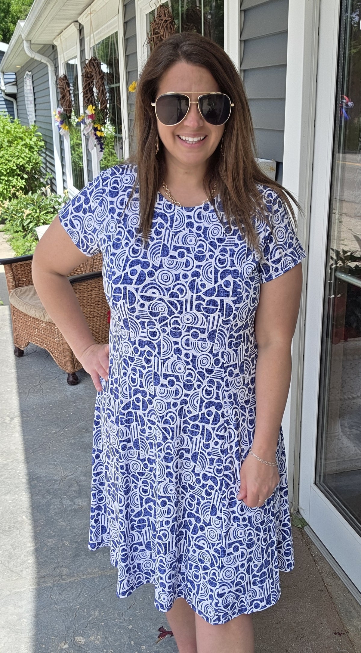 BLUE/WHITE GEO PRINTED KNIT DRESS