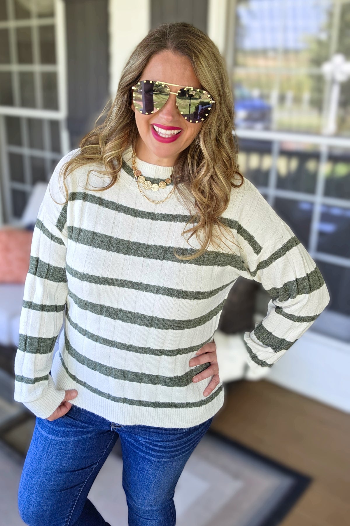 CREAM/DK SAGE STRIPED MOCK NECK PULLOVER SWEATER