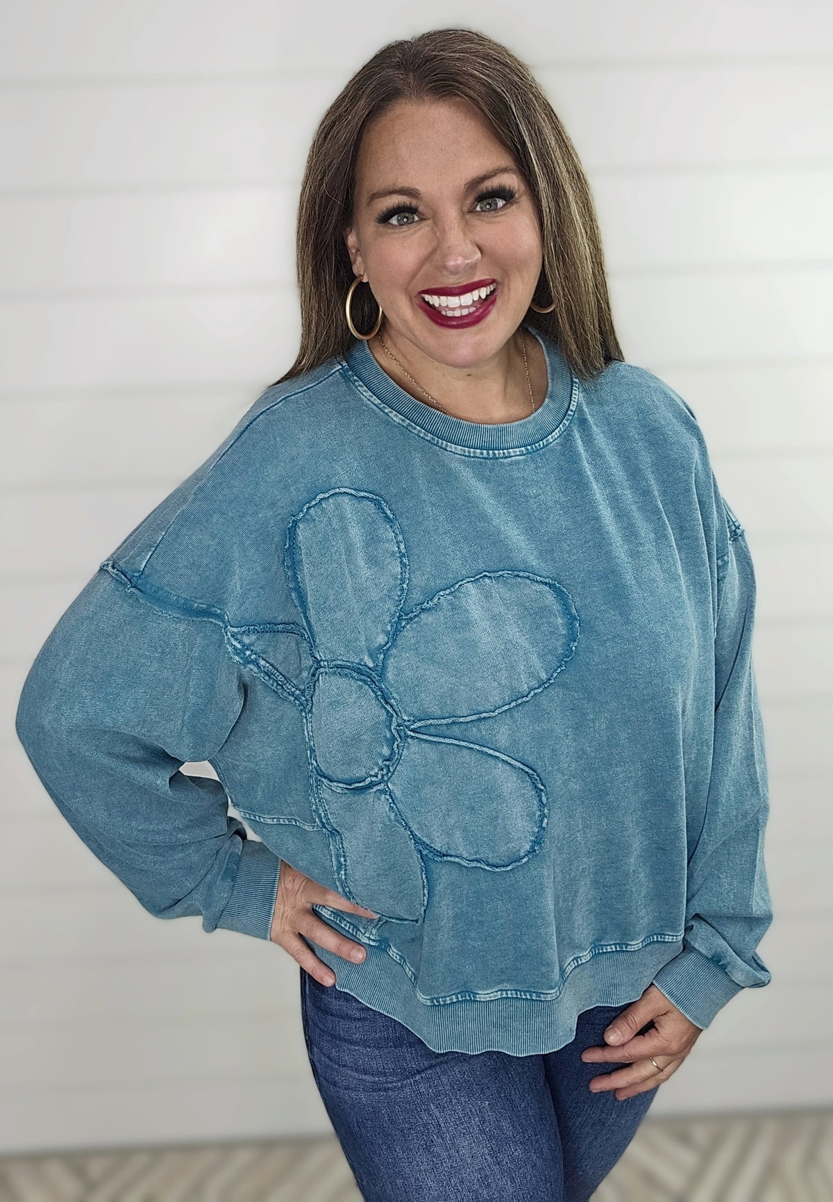 TEAL MINERAL WASH OVERSIZED FLORAL PULLOVER