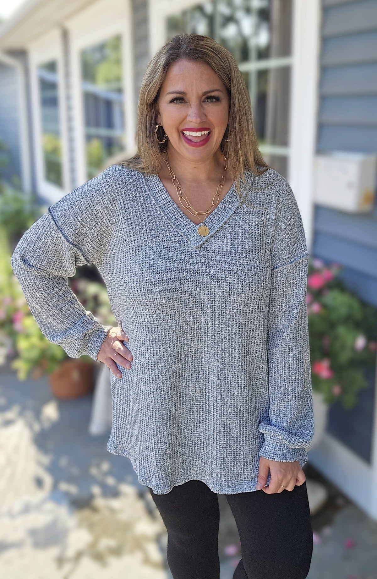 GREY LOOSE KNIT V NECK OVERSIZED LONG SLEEVE LIGHT SWEATER