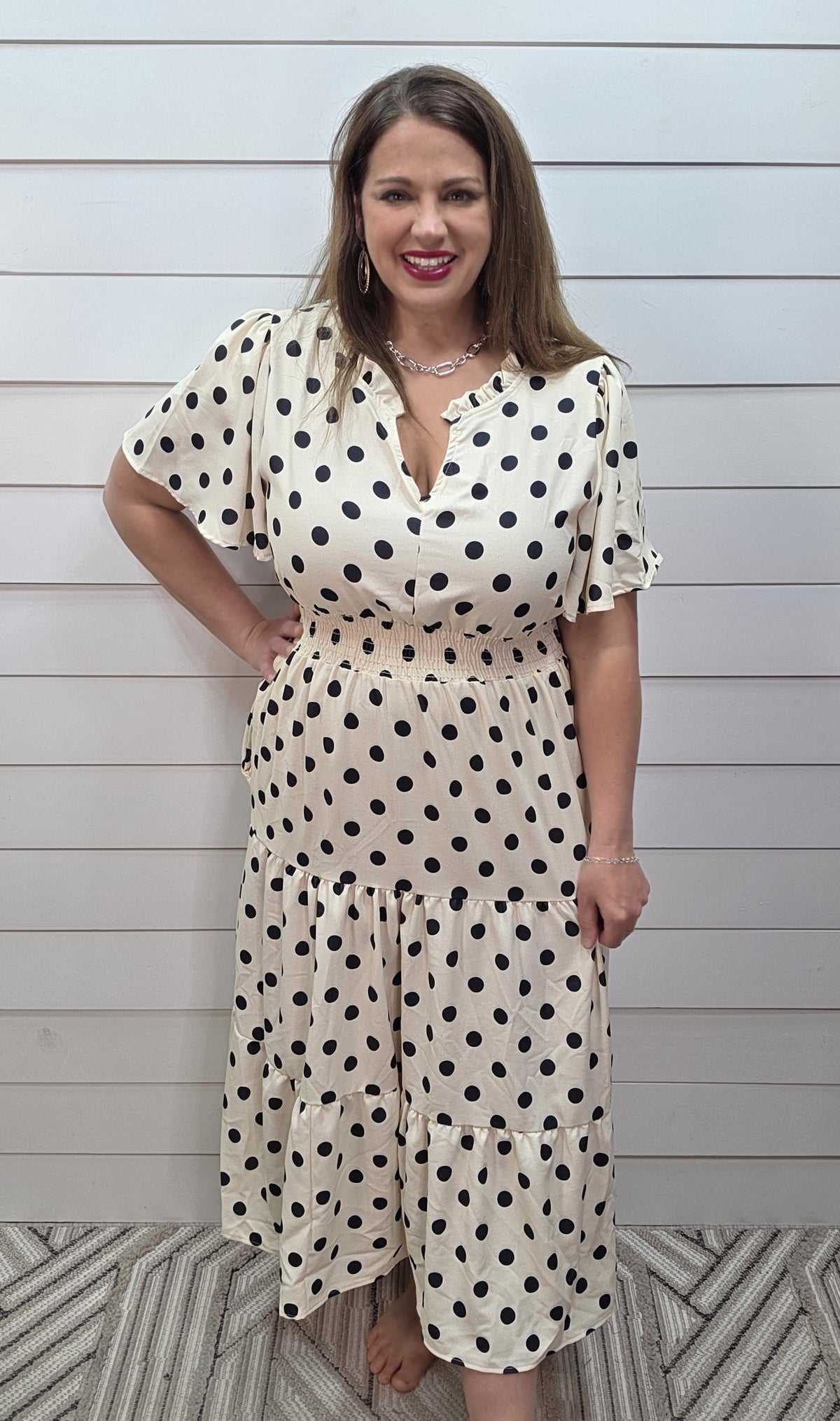 IVORY/BLACK DOT ELASTIC WASIT LONG DRESS
