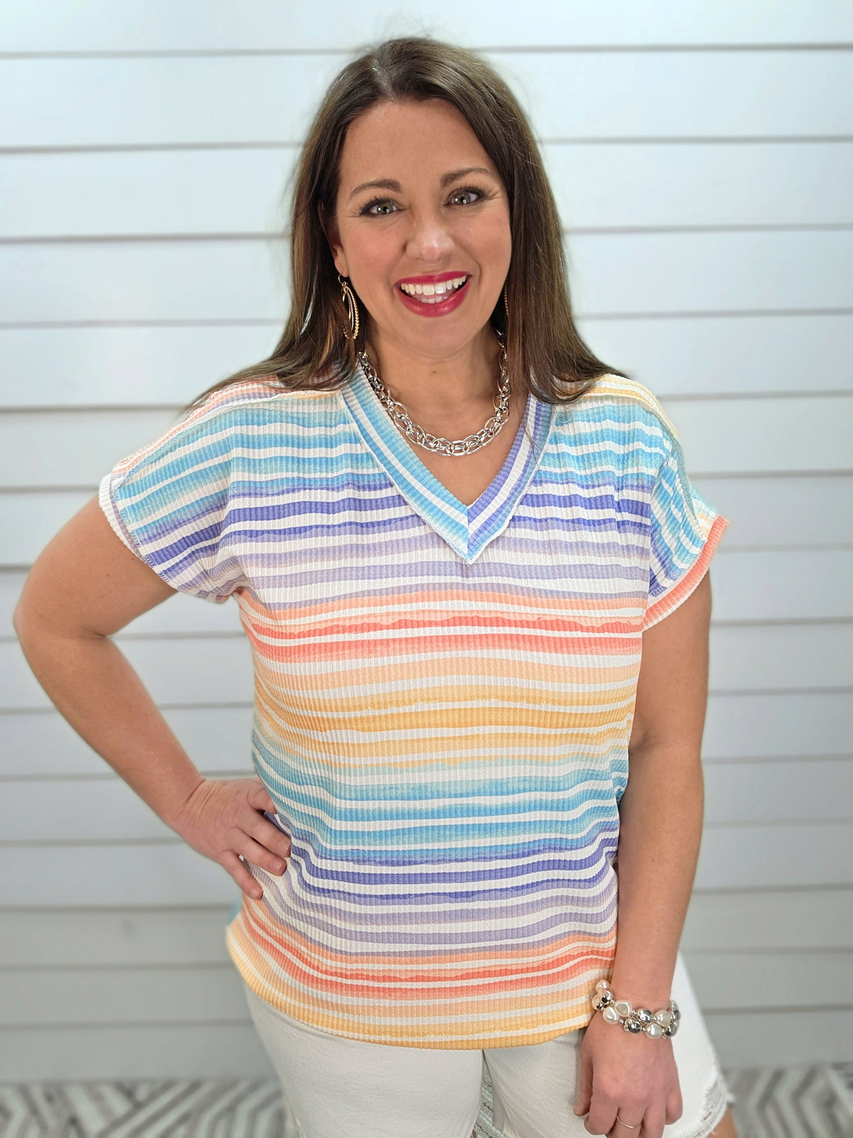 MULTI COLOR STRIPED RAISED RIBBED KNIT TOP