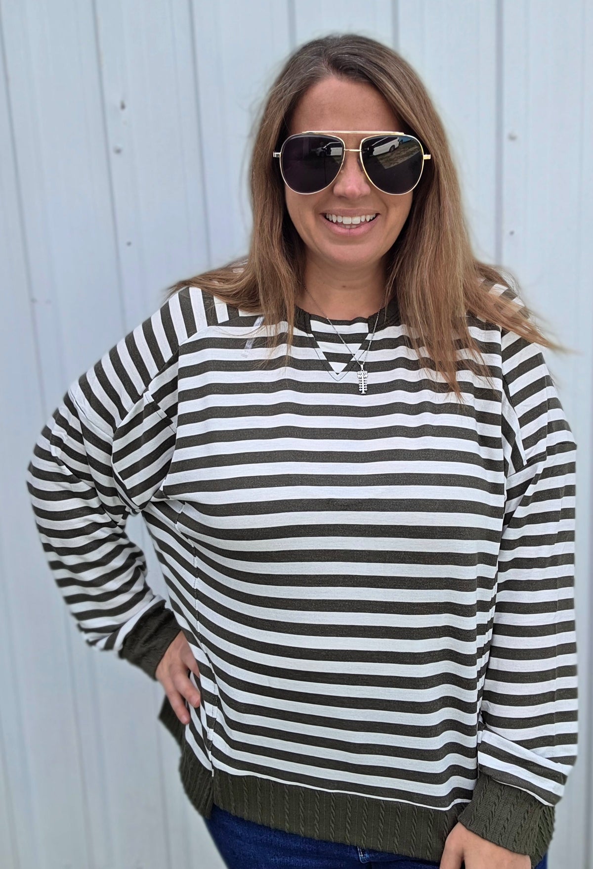 Olive Loose Fit  Long Sleeve Striped Knit Top