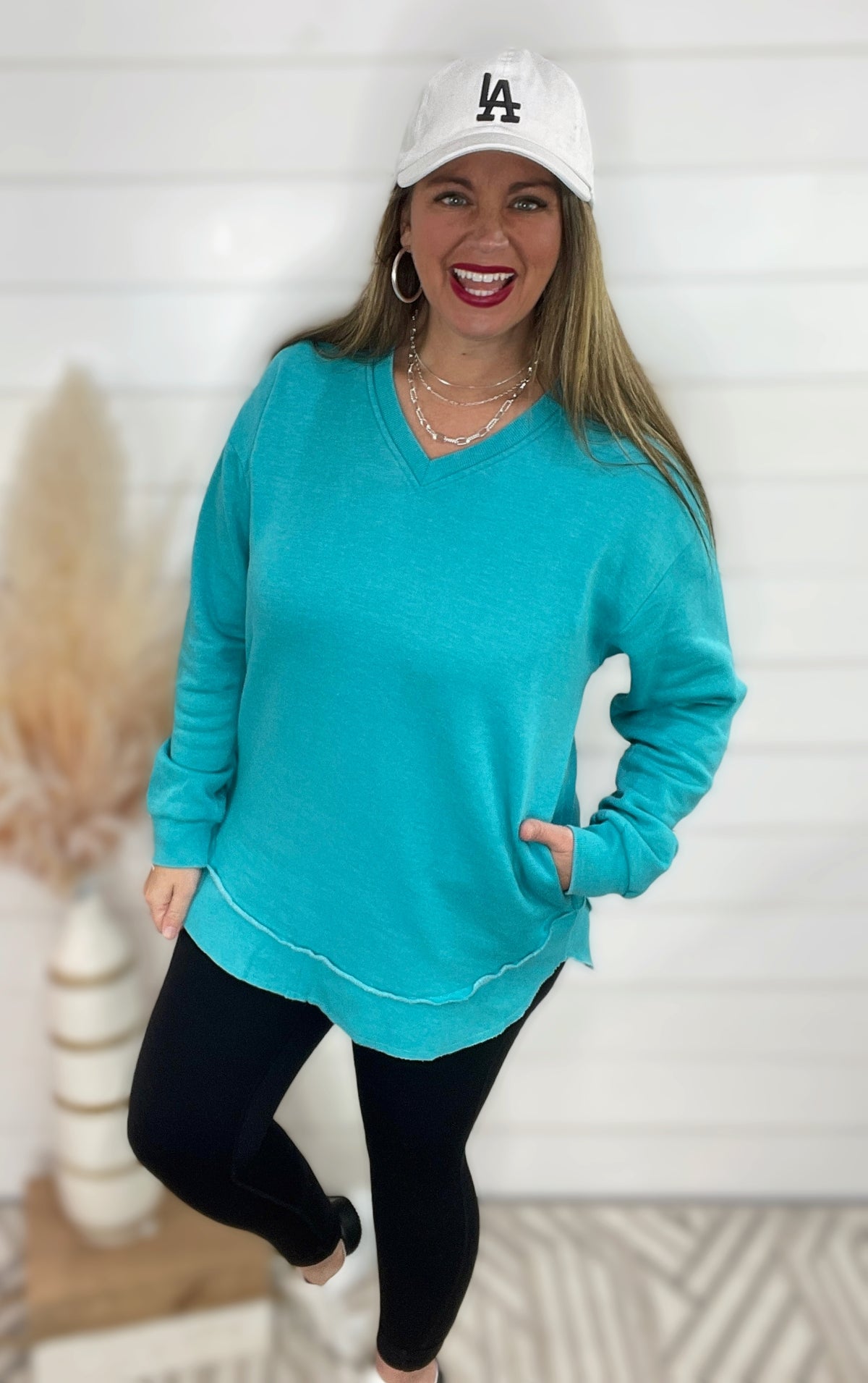 TEAL NEW BESTIE V NECK CURVED HEM TUNIC