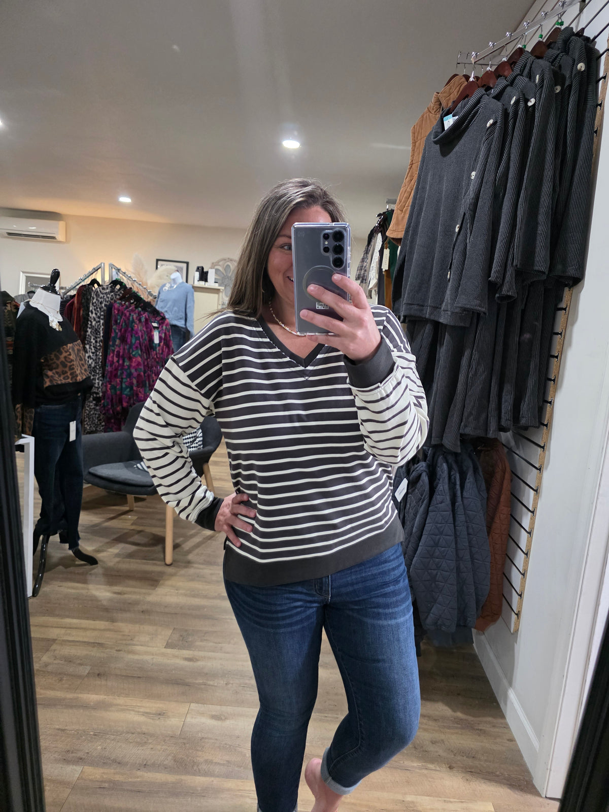 CHARCOAL DOUBLE V STRIPED FRENCH TERRY CONTRAST TOP