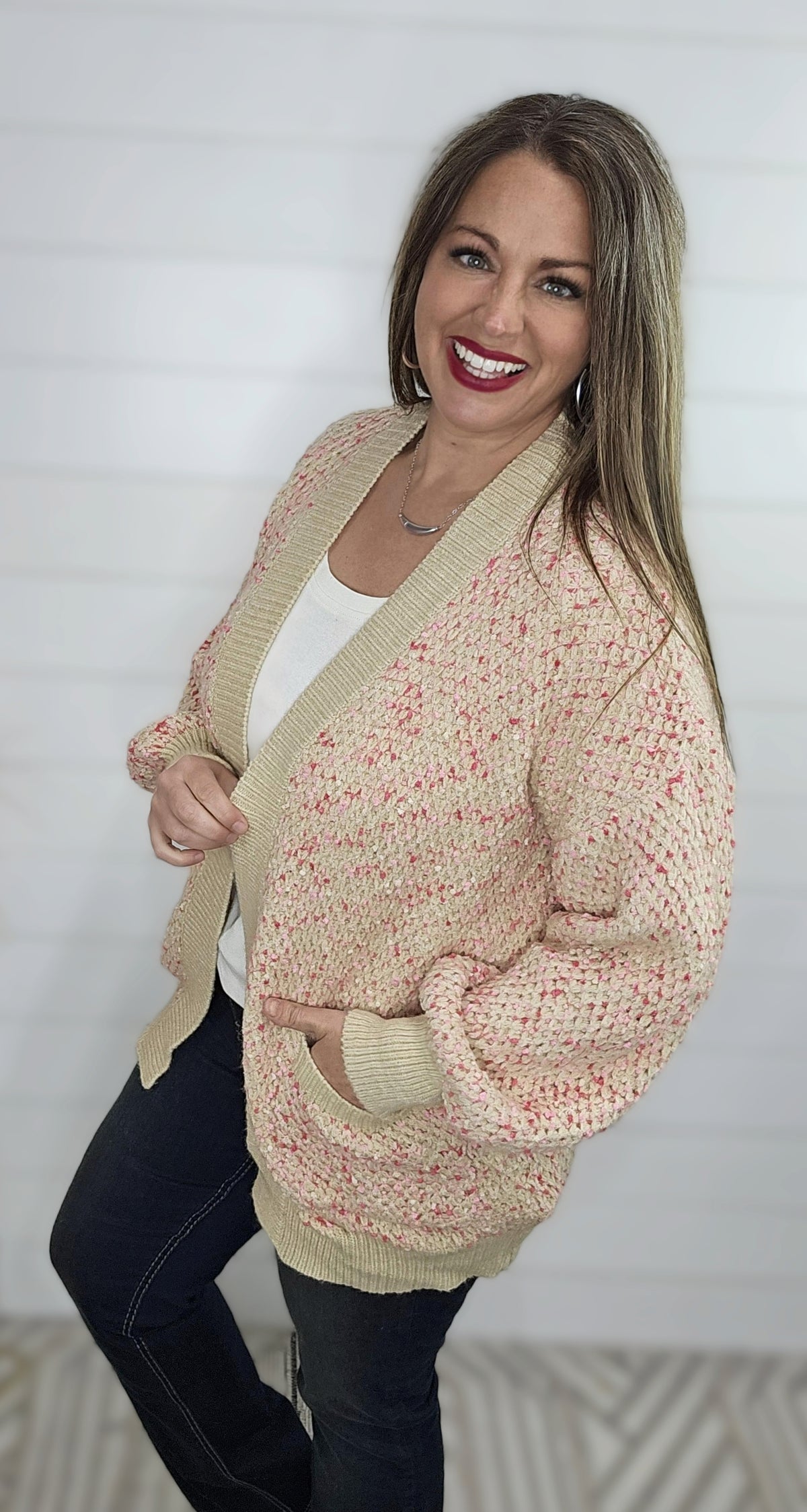 TAUPE/PINK POPCORN OPEN FRONT CARDIGAN