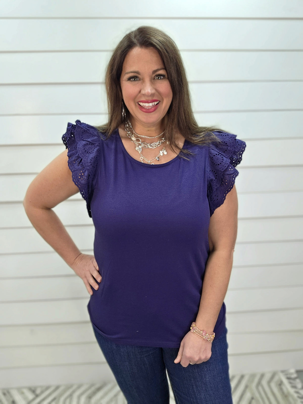 NAVY KNIT TOP W/ LACE DOUBLE RUFFLE SLEEVES