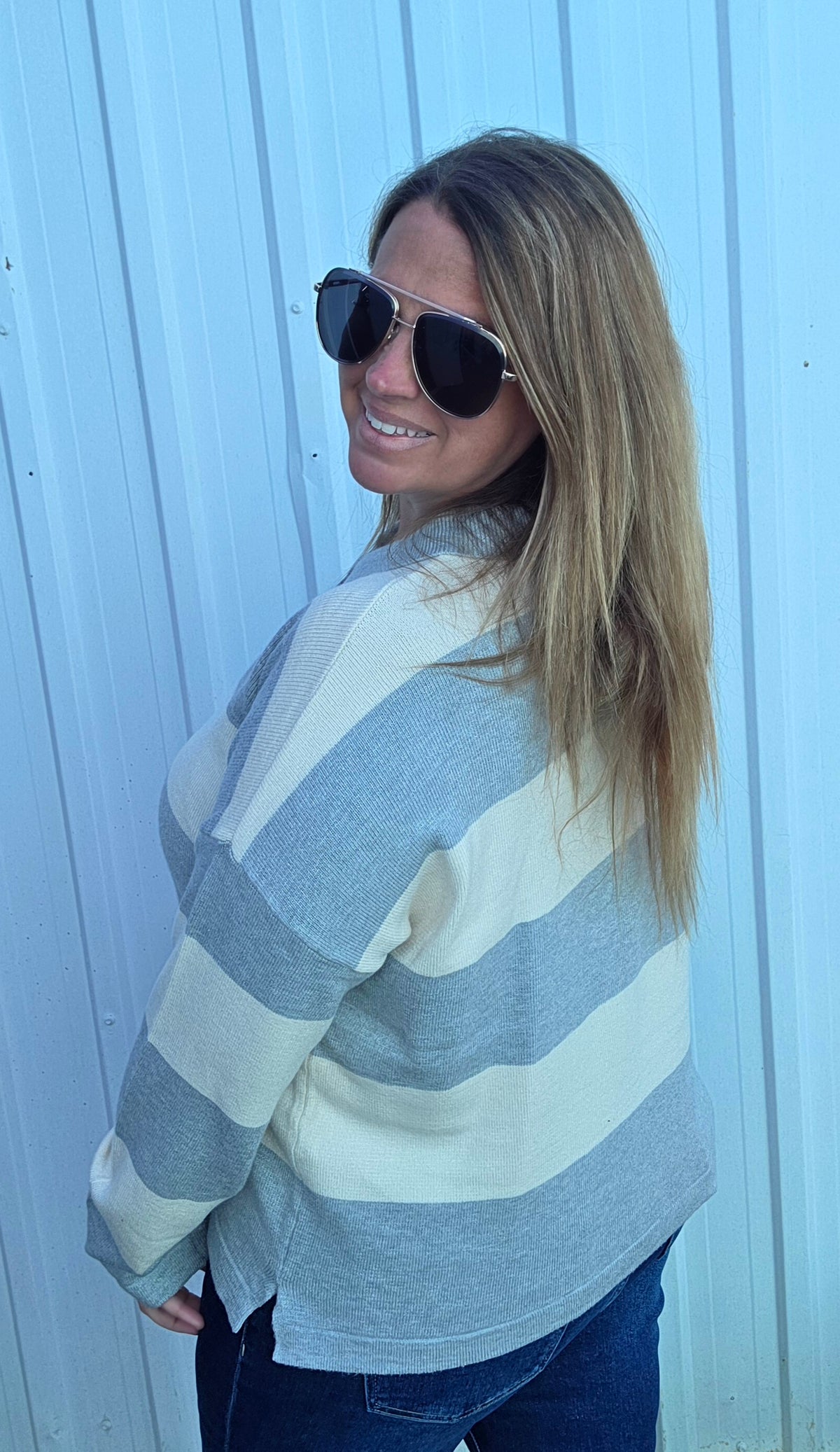 Heather Grey Wide Striped Button Neckline Oversized Sweater