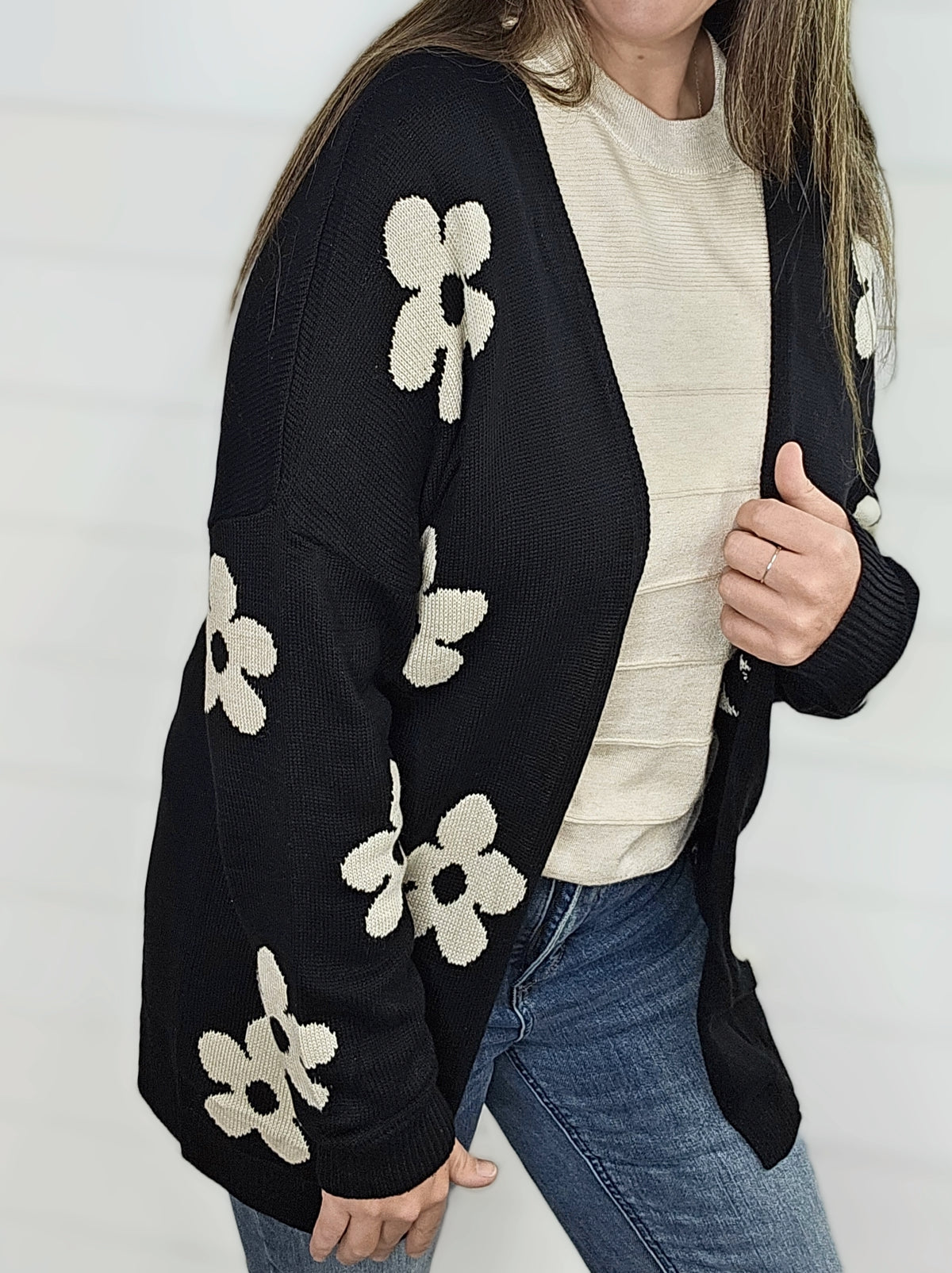 BLACK/MOCHA FLORAL KNITTED CARDIGAN