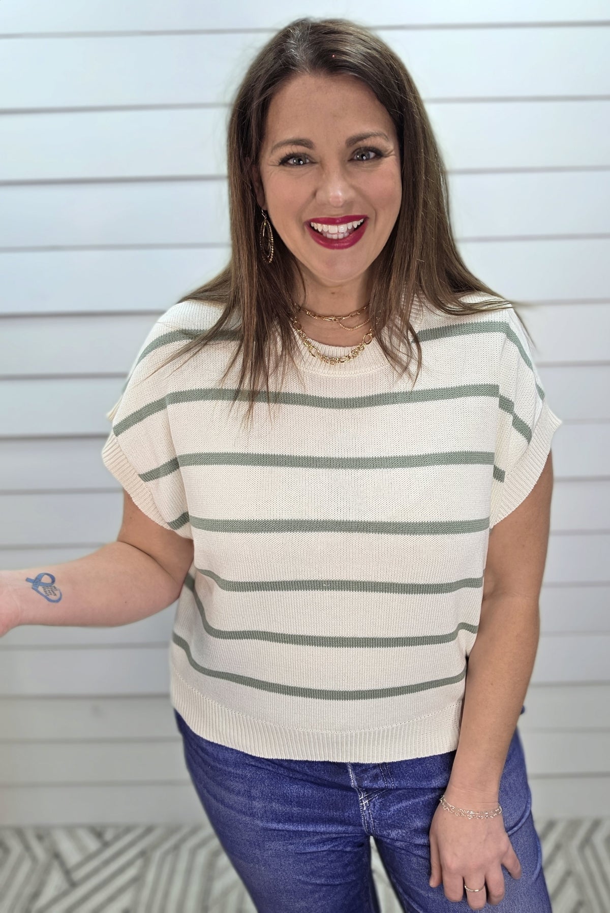 SAGE GREEN STRIPED SHORT SLEEVE SWEATER KNIT TOP