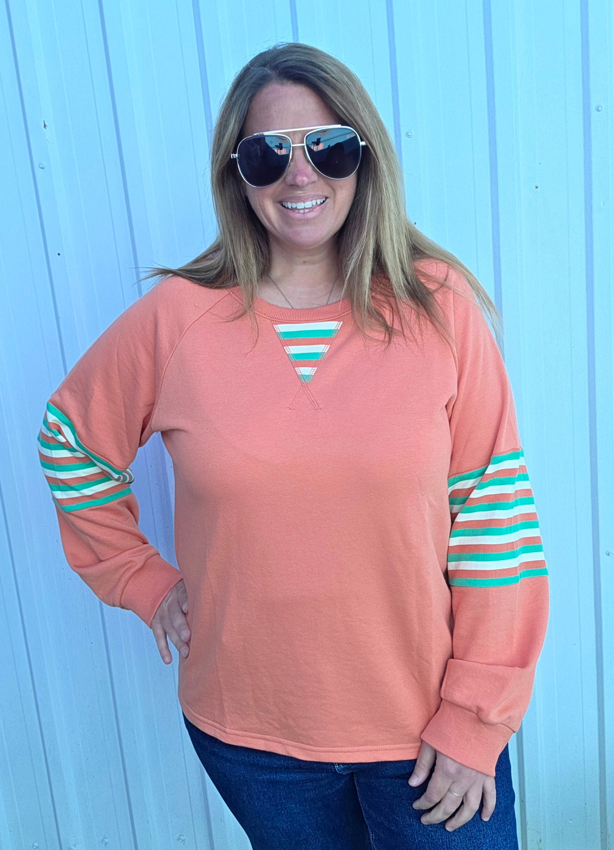 Lt Rust Crew Neck, Raglan Sleeve, Terry Mixed Stripe Top