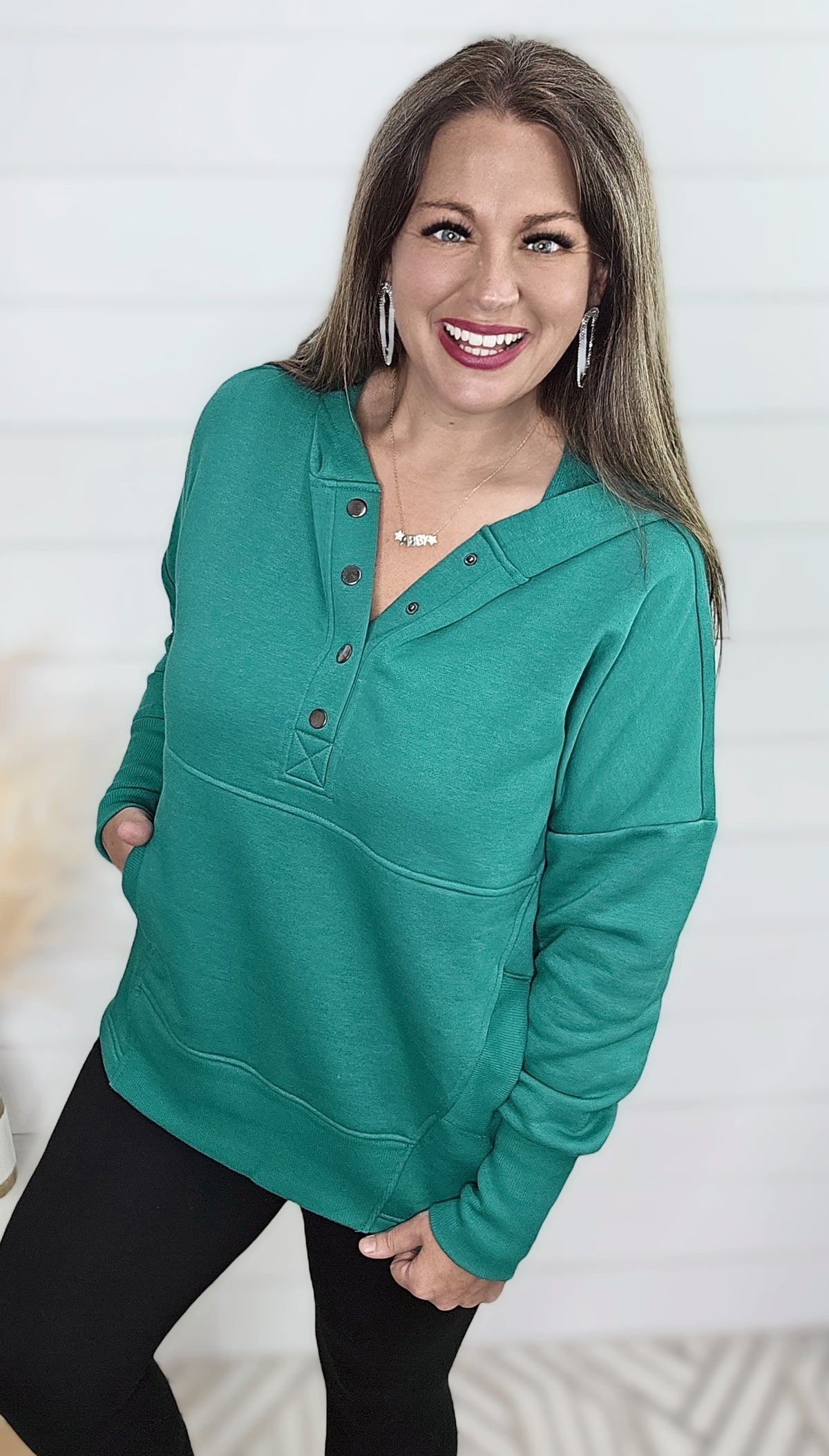 KELLY GREEN HALF SNAP BUTTON FLEECE HOODED PULLOVER