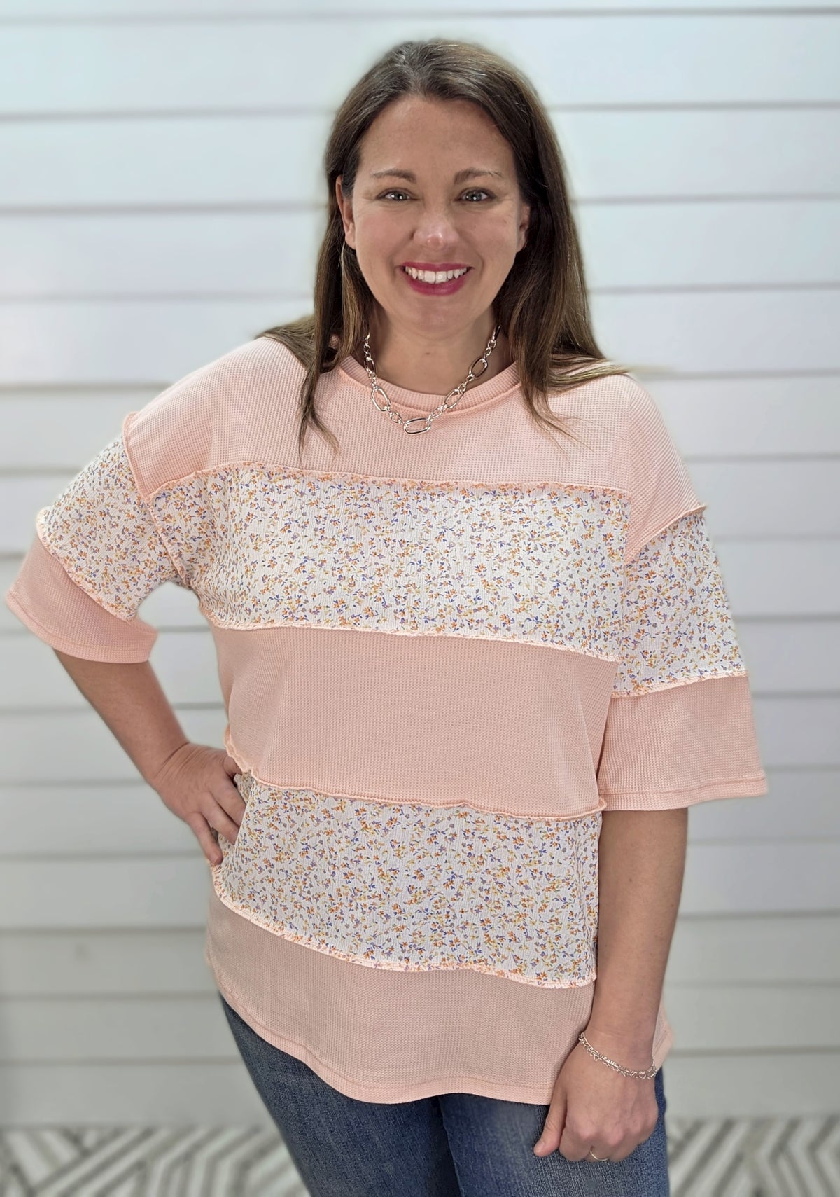 PEACH WAFFLE TEXTURE FLORAL COLORBLOCK KNIT TOP