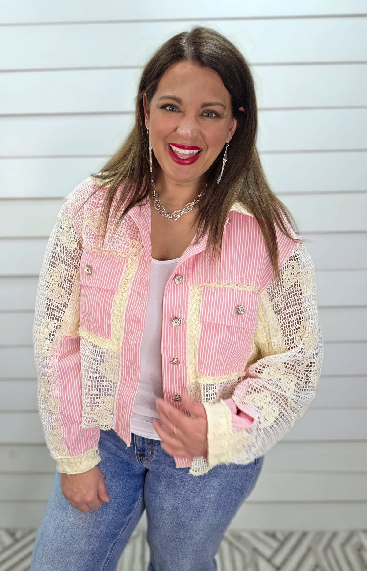 POL PINK PINSTRIPED/LACE BUTTON DOWN JACKET