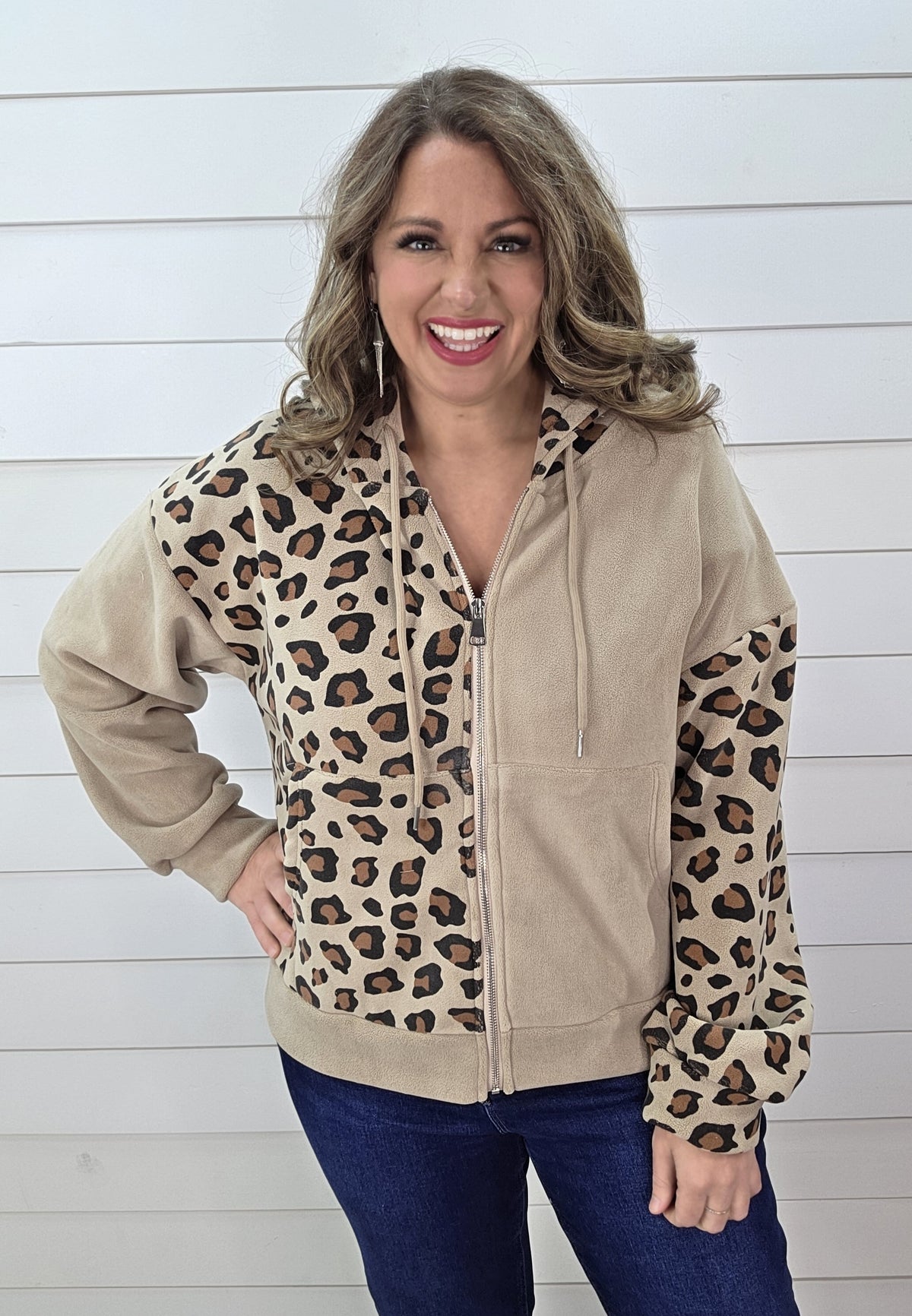MOCHA CONTRAST LEOPARD FULL ZIP HOODED PULLOVER