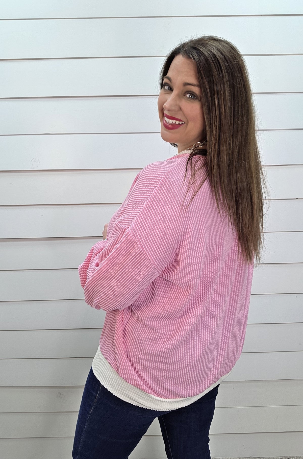BUBBLE GUM PINK RAISED RIBBED LONG SLEEVE KNIT TOP