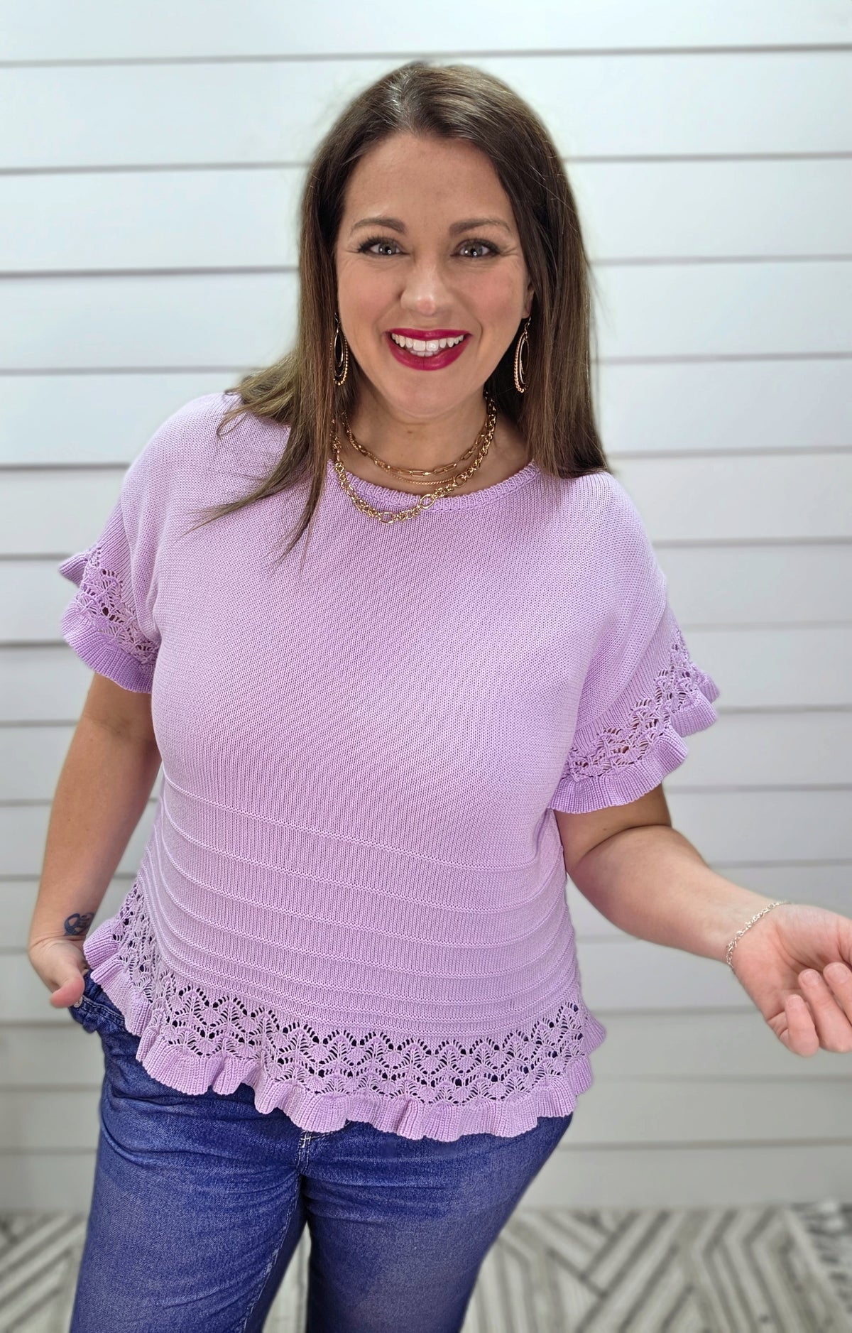 LAVENDER SWEATER KNIT SHORT SLEEVE TOP W/ CROCHET DETAIL