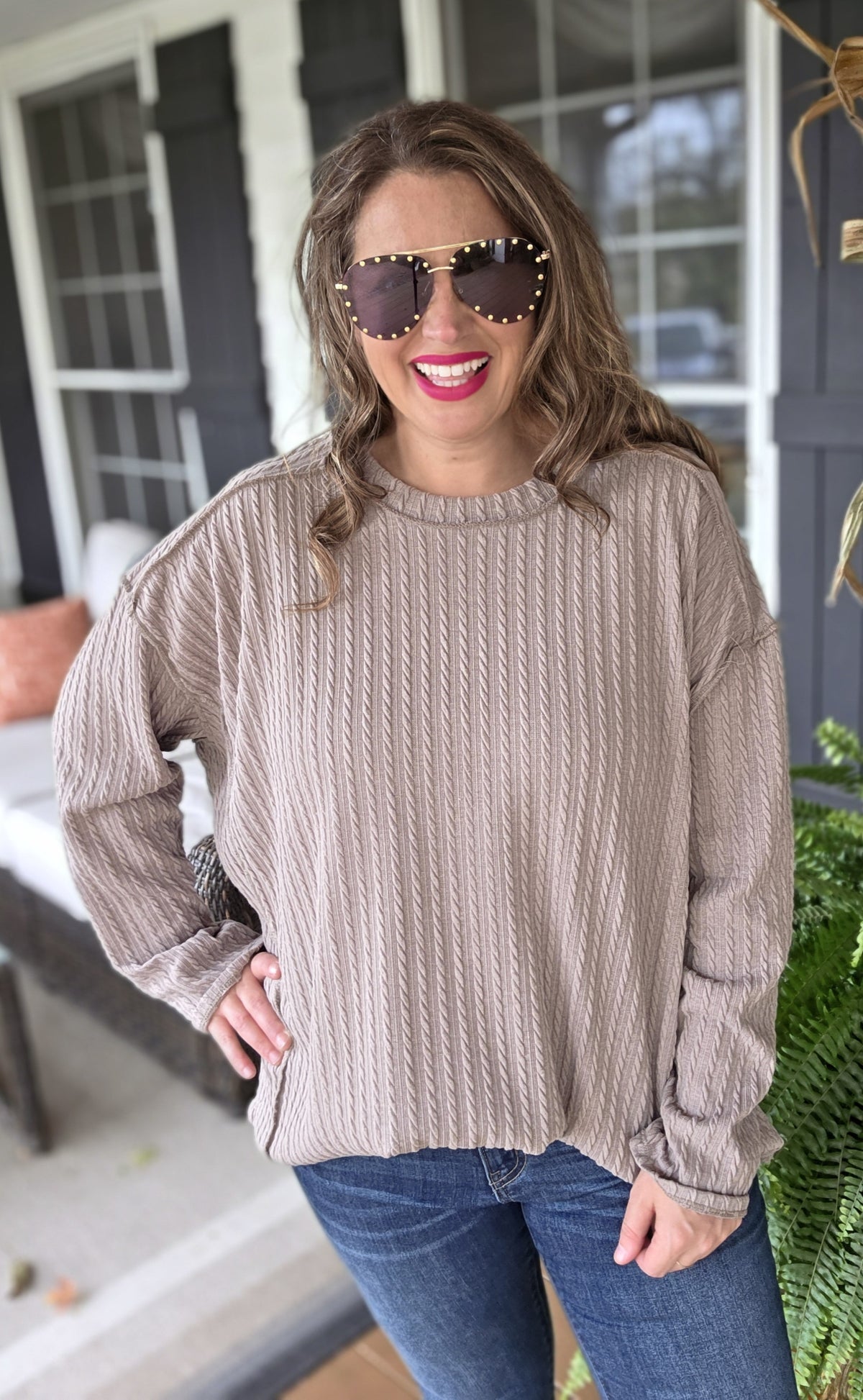 LT BROWN TEXTURED CREW NECK KNIT TOP