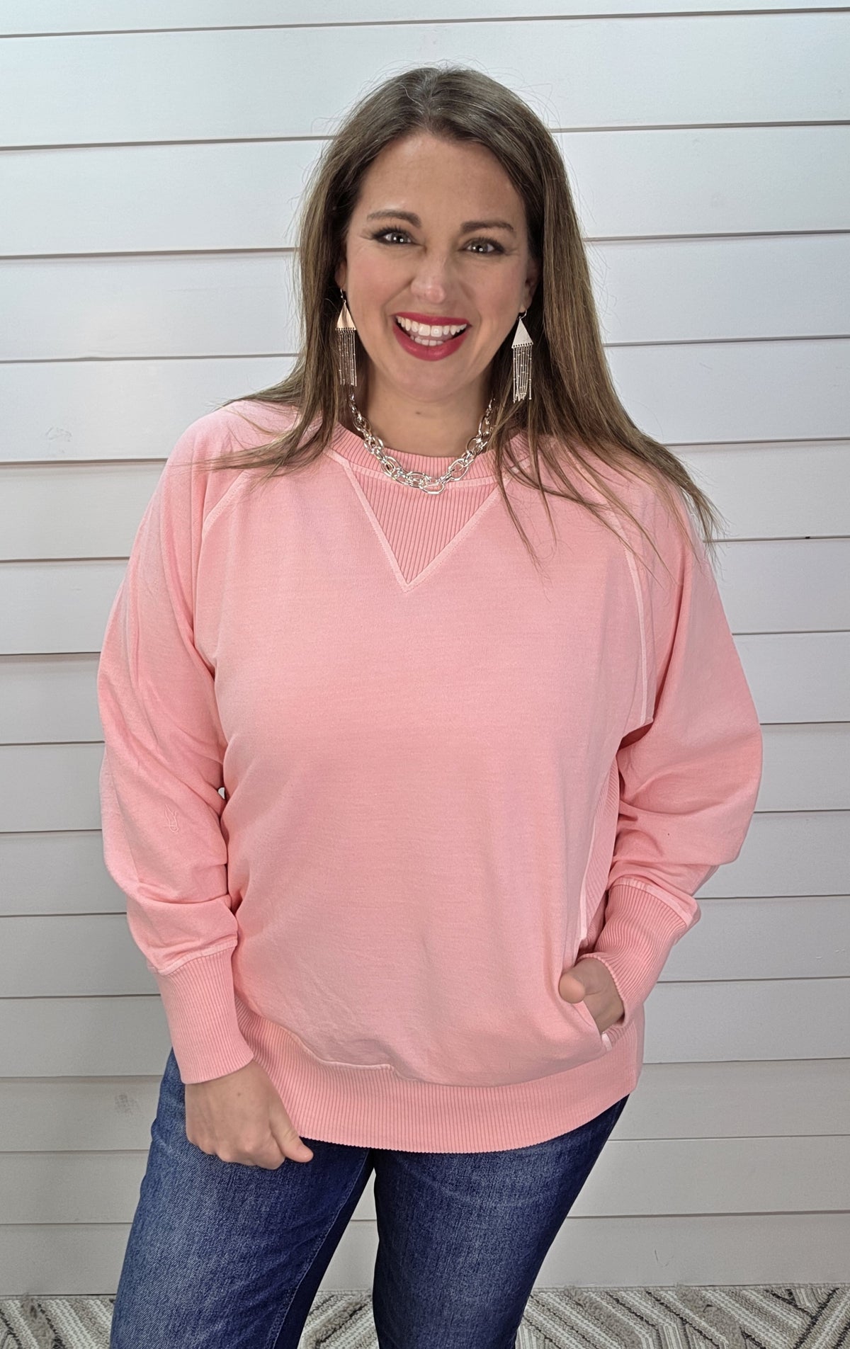 PINK FRENCH TERRY PULLOVER WITH POCKETS