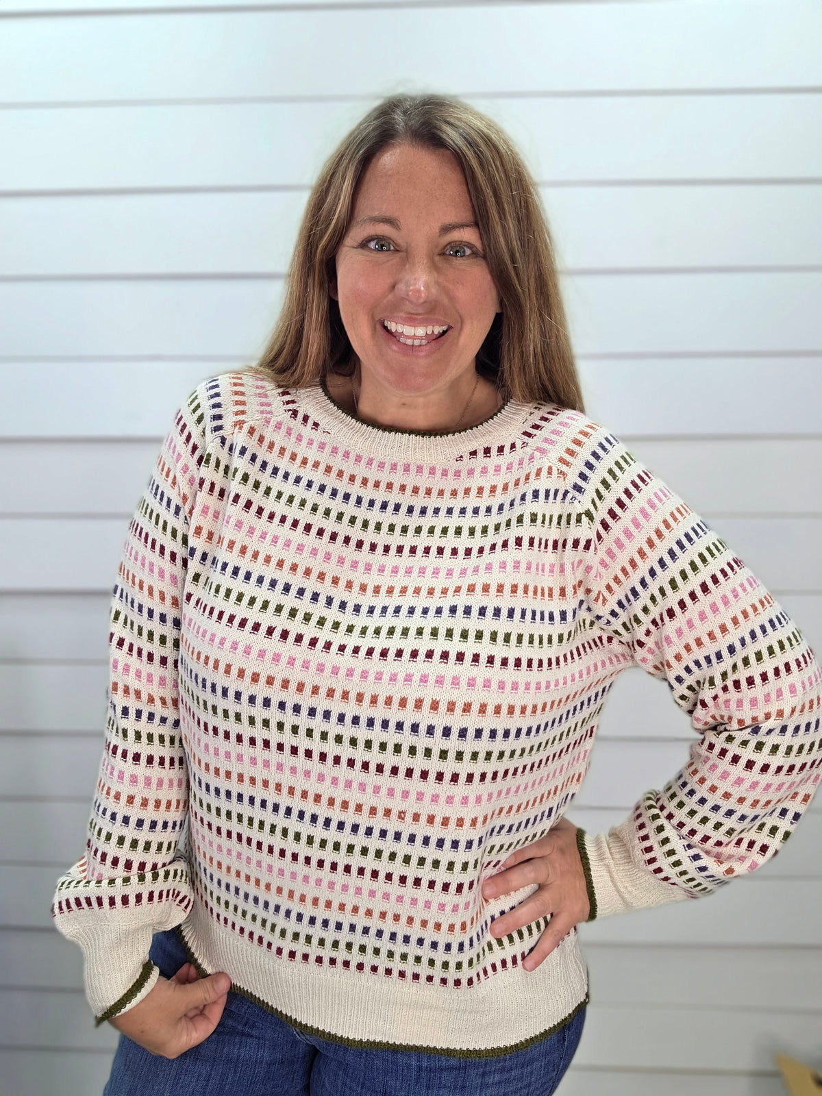 Ivory Multi Color Texture Striped Crew Neck Long Balloon Sweater