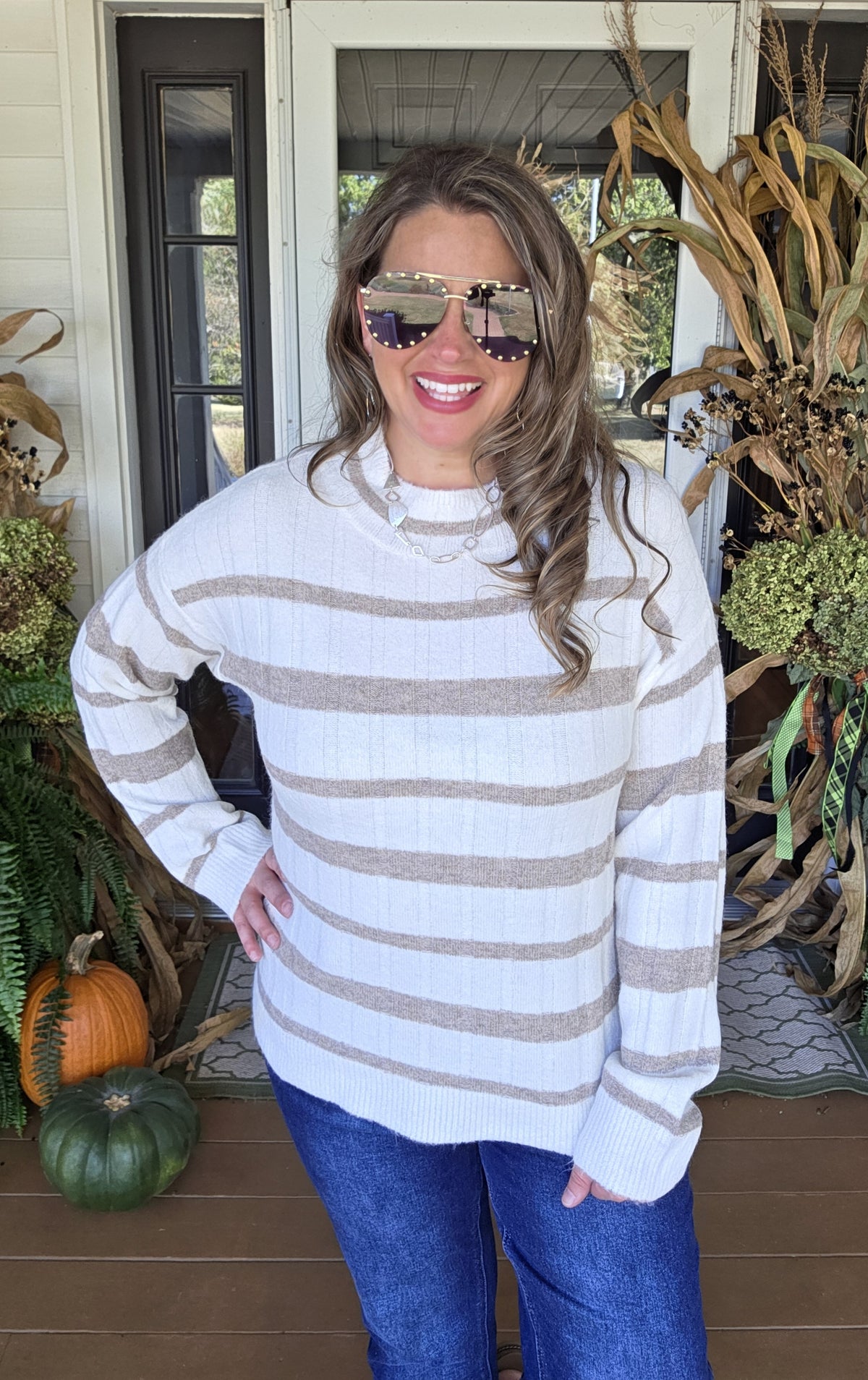 CREAM/TAUPE STRIPED MOCK NECK PULLOVER SWEATER