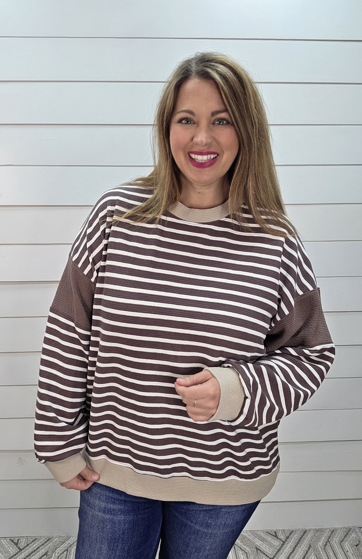 BROWN/TAUPE STRIPED KNIT LONG SLEEVE CLOUD FABRIC TOP