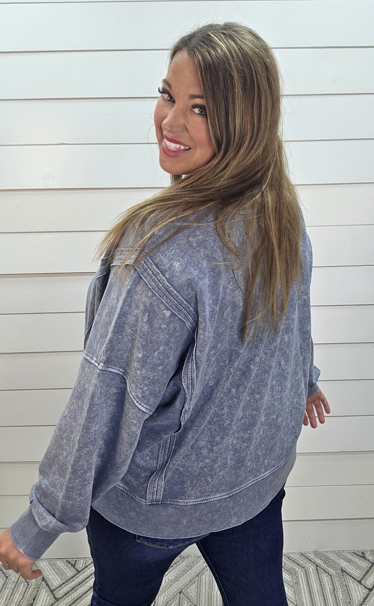INDIGO BLUE Acid Wash Long Sleeve Side Slit Knit Top —