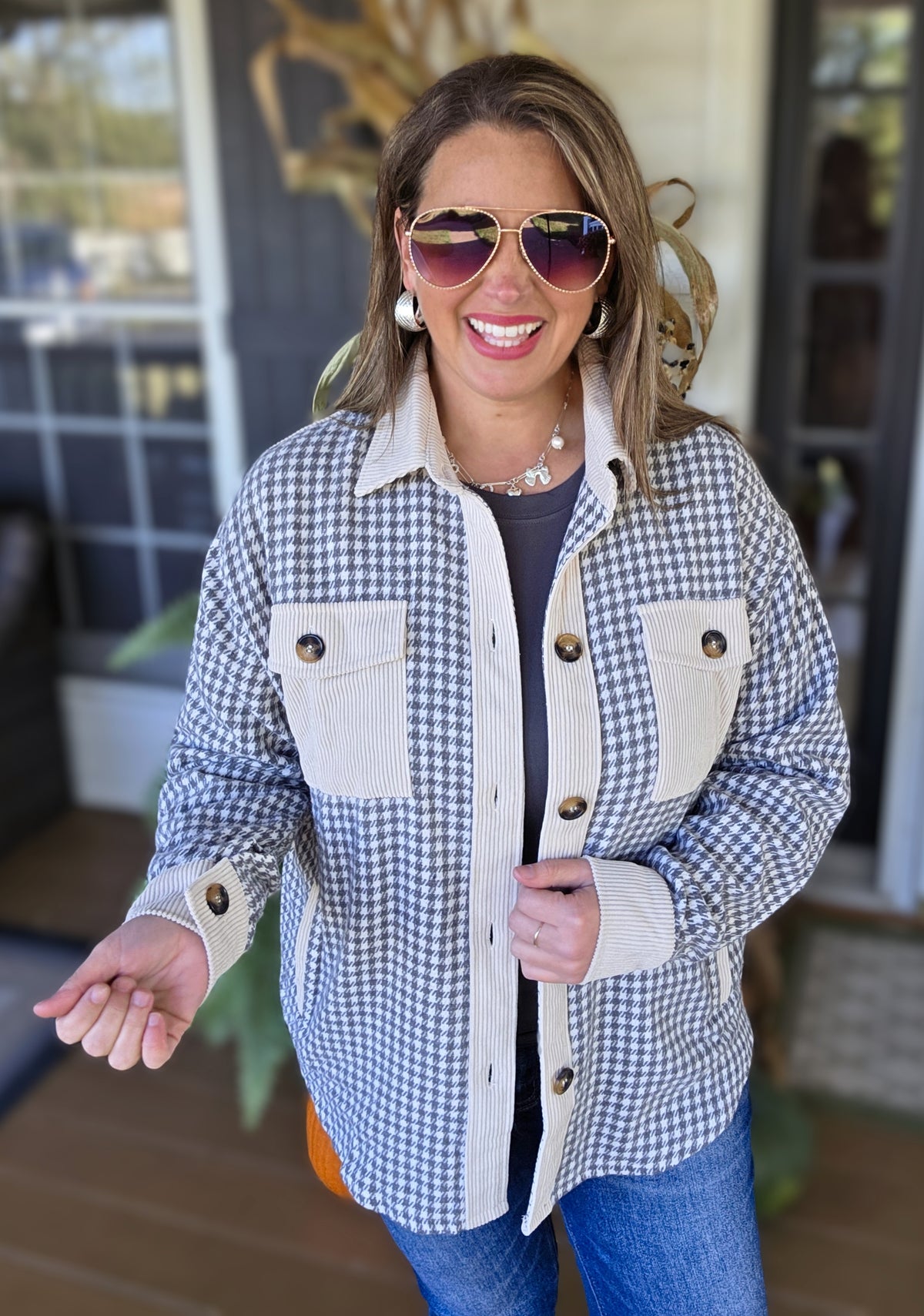 GREY MINI CHECK/CORD CONTRAST SHACKET WITH SIDE POCKETS