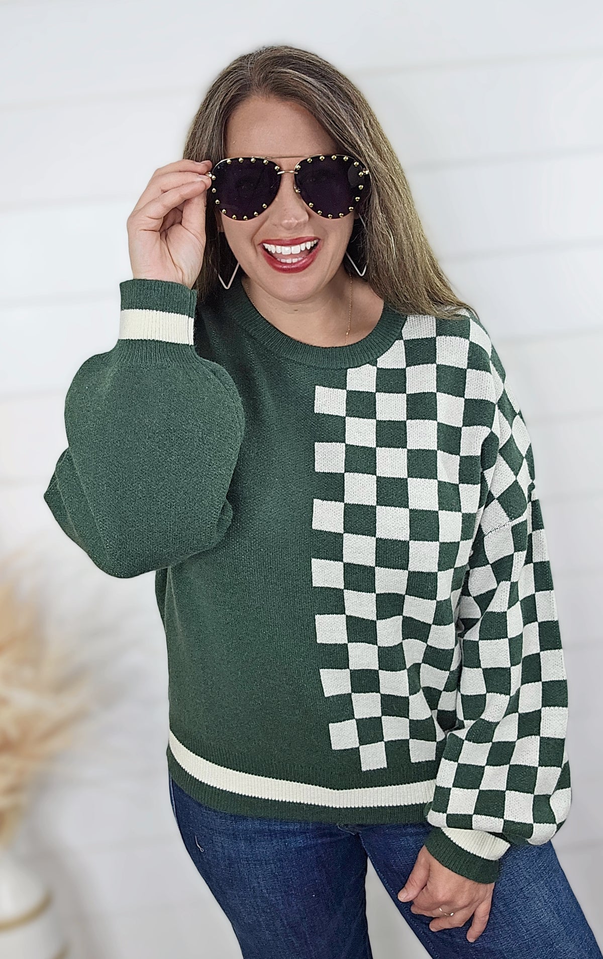 HUNTER GREEN CONTRAST CHECKERBOARD SWEATER