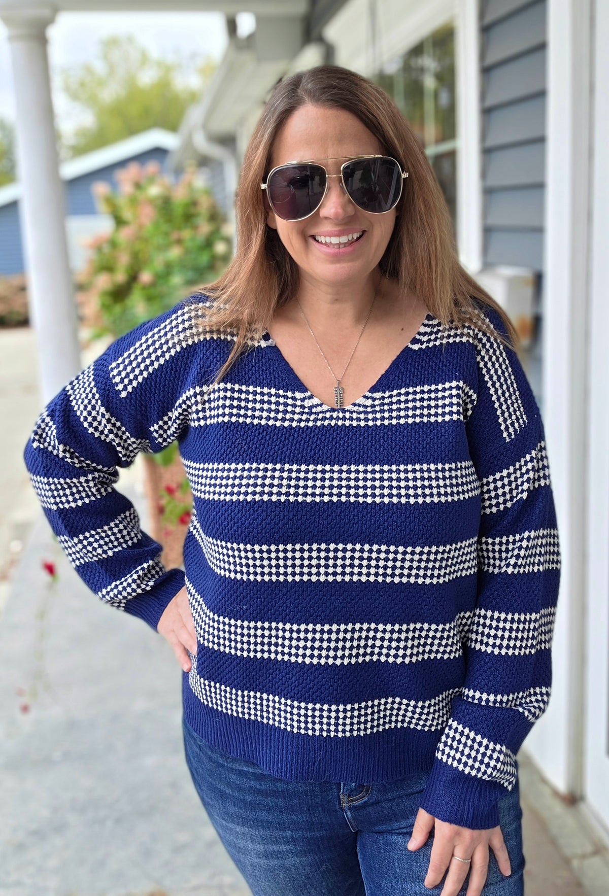 NAVY V-Neck Long Sleeve Relaxed Fit Waffle Texture Striped Pullover Sweater