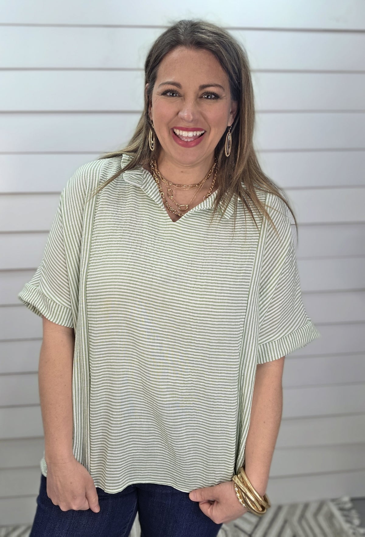 SAGE PINSTRIPED OVERSIZED WOVEN DOLMAN TOP W/ FRILL NECKLINE