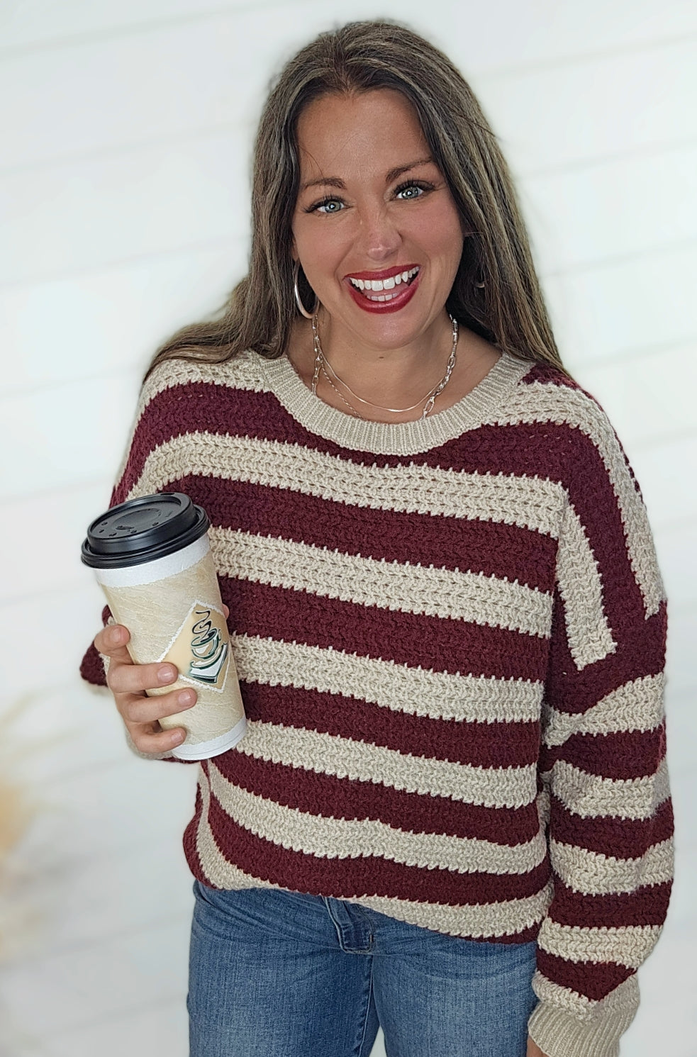 BURGUNDY/CREAM STRIPED KNIT SWEATER