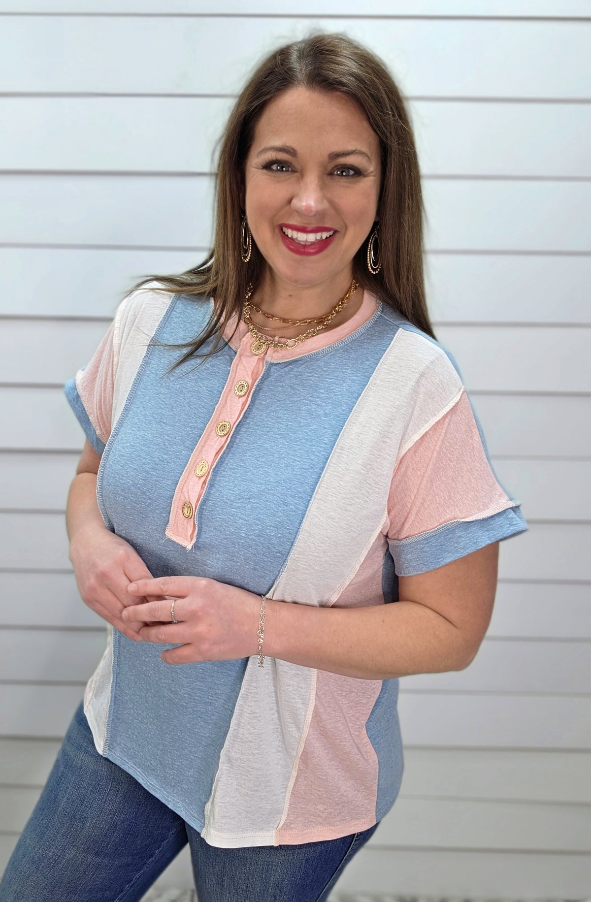 JADE/PINK/WHITE COLORBLOCK HENLEY BUTTON KNIT TOP