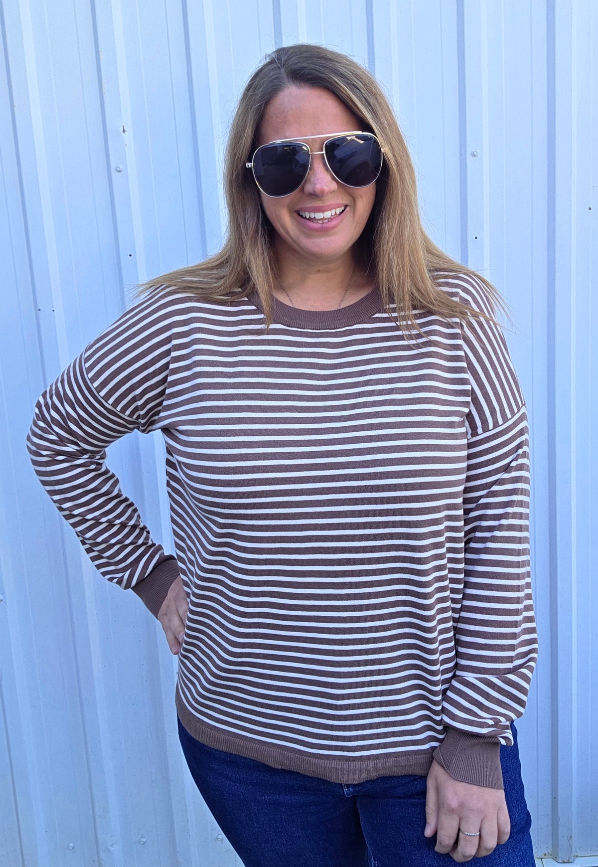Chocolate Crew Neck, Long Sleeve, Light Weight Loose Fit, Striped Pullover Sweater