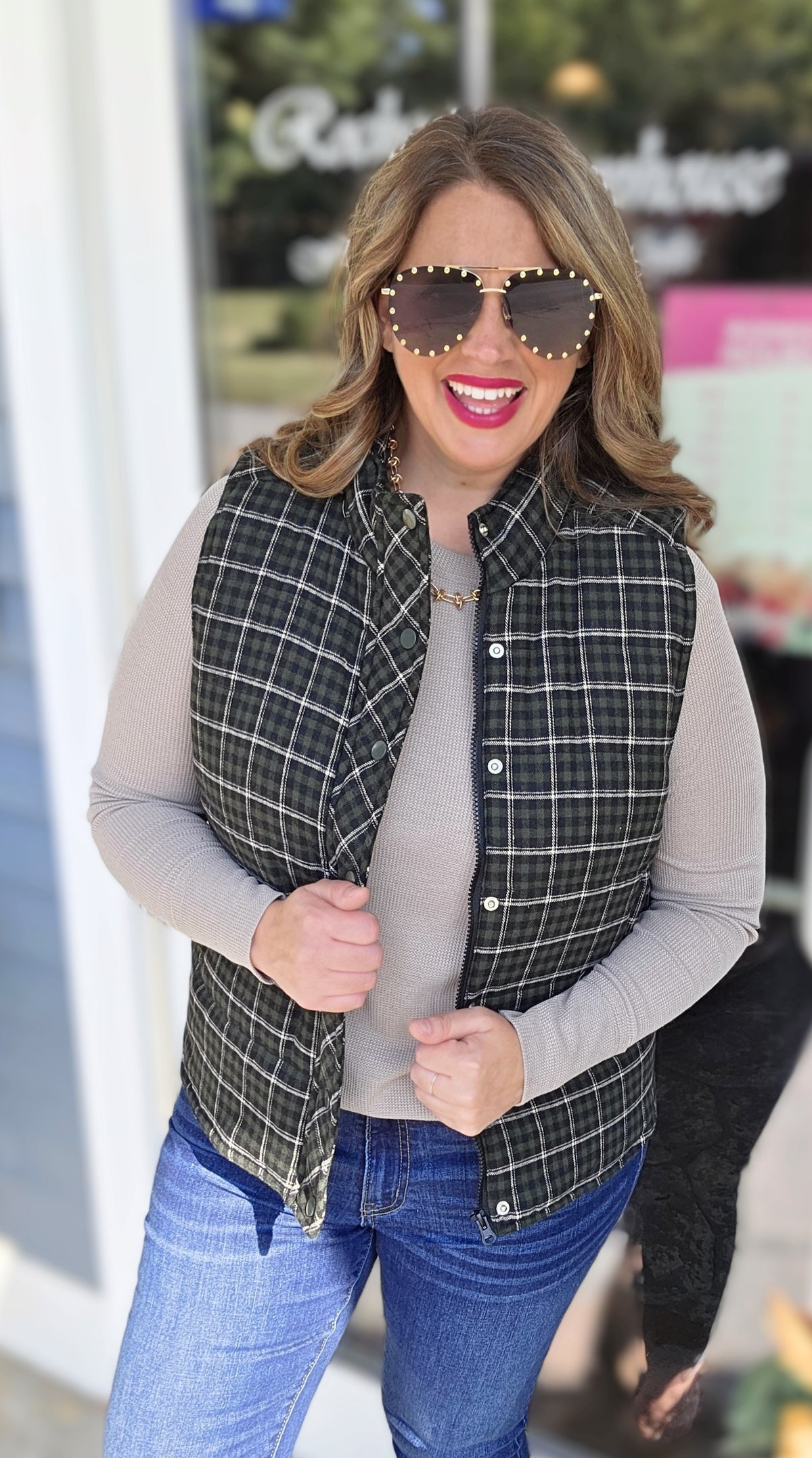 DK GREEN CHECK PLAID SNAP/ZIPPER VEST