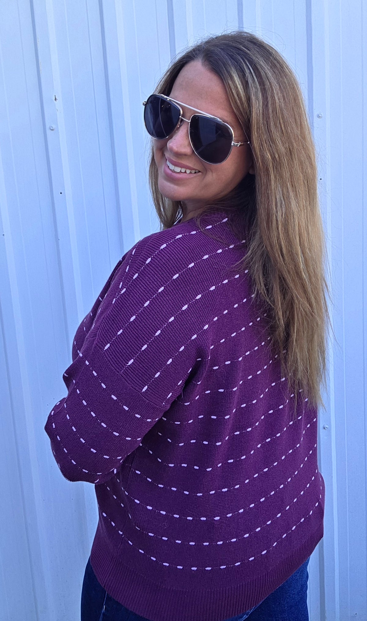 Plum Texture Striped, Crew Neck, Long Sleeve, Pullover Sweater