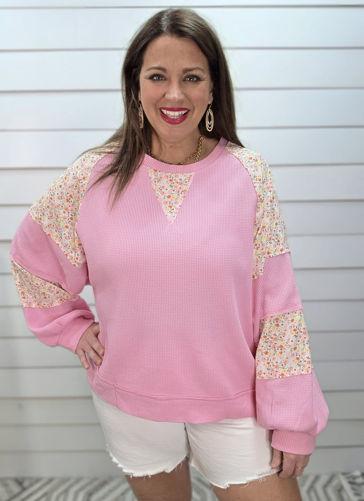 PINK WAFFLE TEXTURE FLORAL CONTRAST KNIT TOP