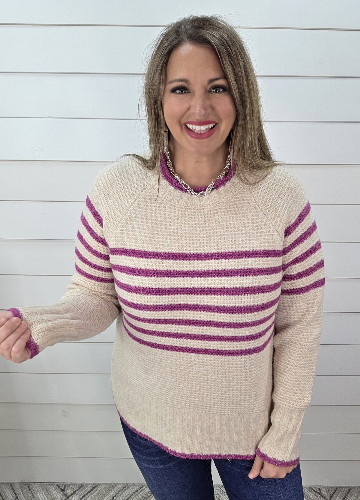 OATMEAL/MAGENTA STRIPED KNIT PULLOVER SWEATER